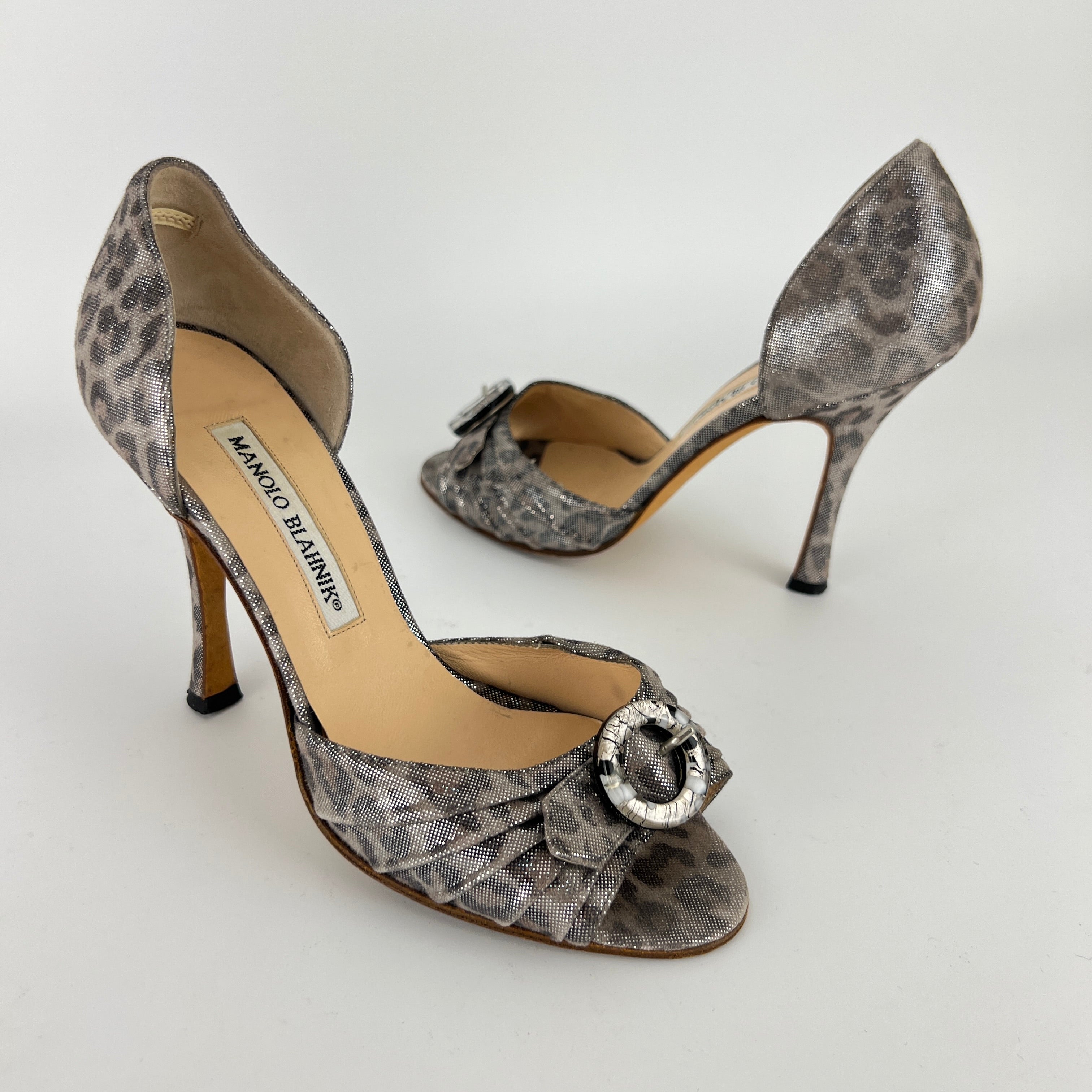 Manolo Blahnik | Vintage Metallic Silver Leopard Print Buckle D'Orsay (34.5)