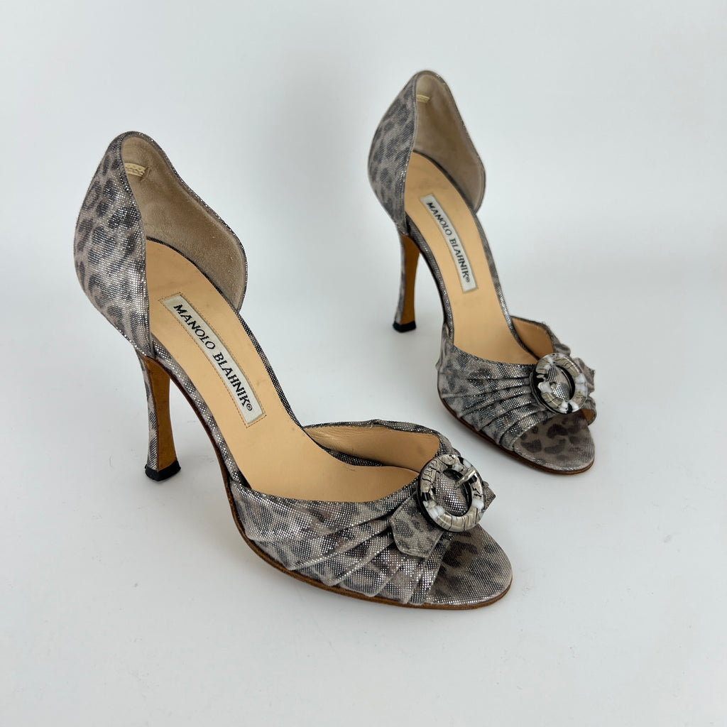 Manolo Blahnik | Vintage Metallic Silver Leopard Print Buckle D'Orsay (34.5)
