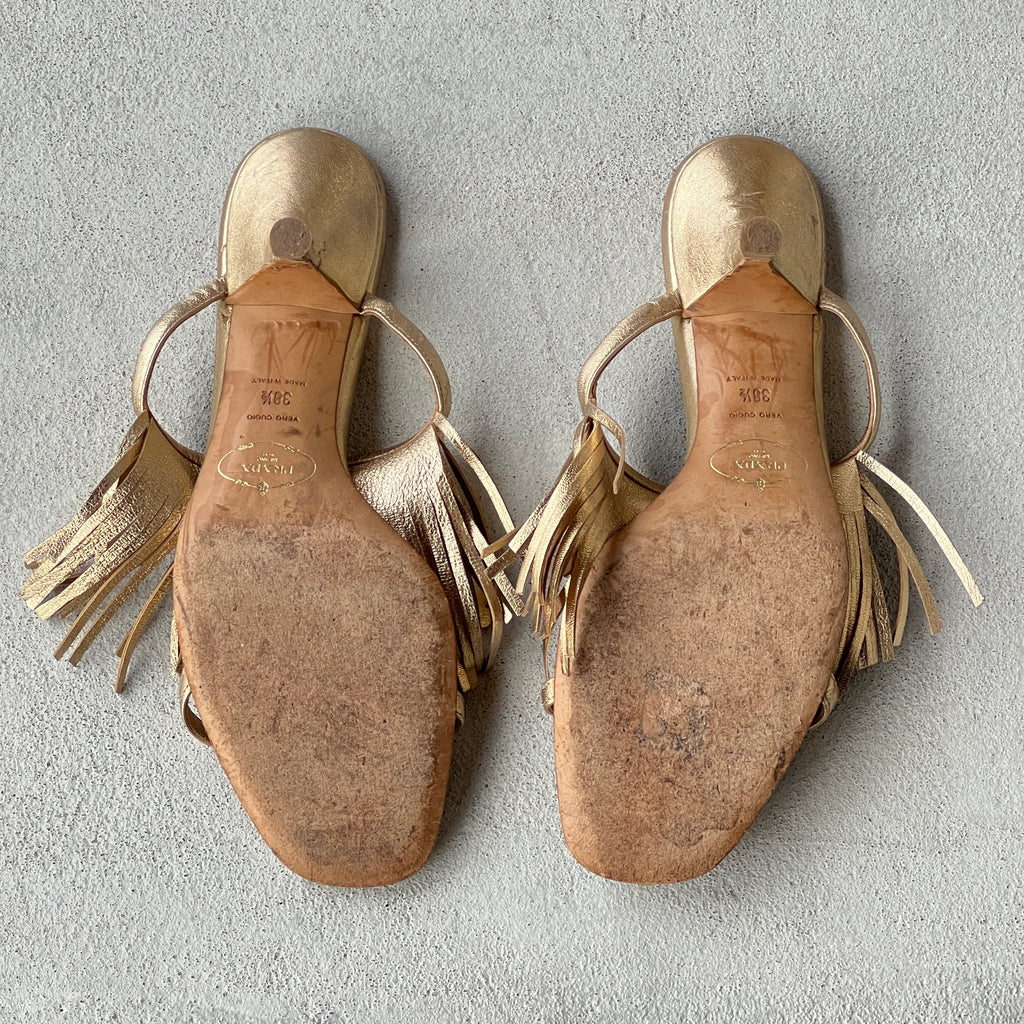 Prada | Vintage 2000s Metallic Gold Leather Fringe Strappy Slide Mules (38.5)