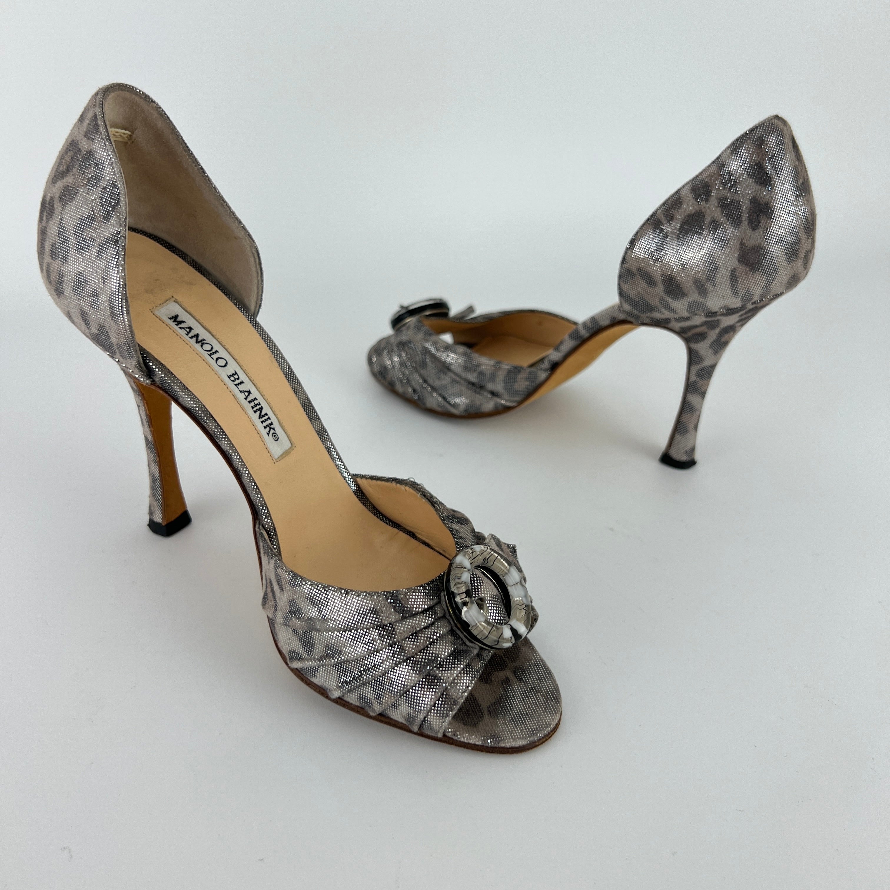Manolo Blahnik | Vintage Metallic Silver Leopard Print Buckle D'Orsay (34.5)
