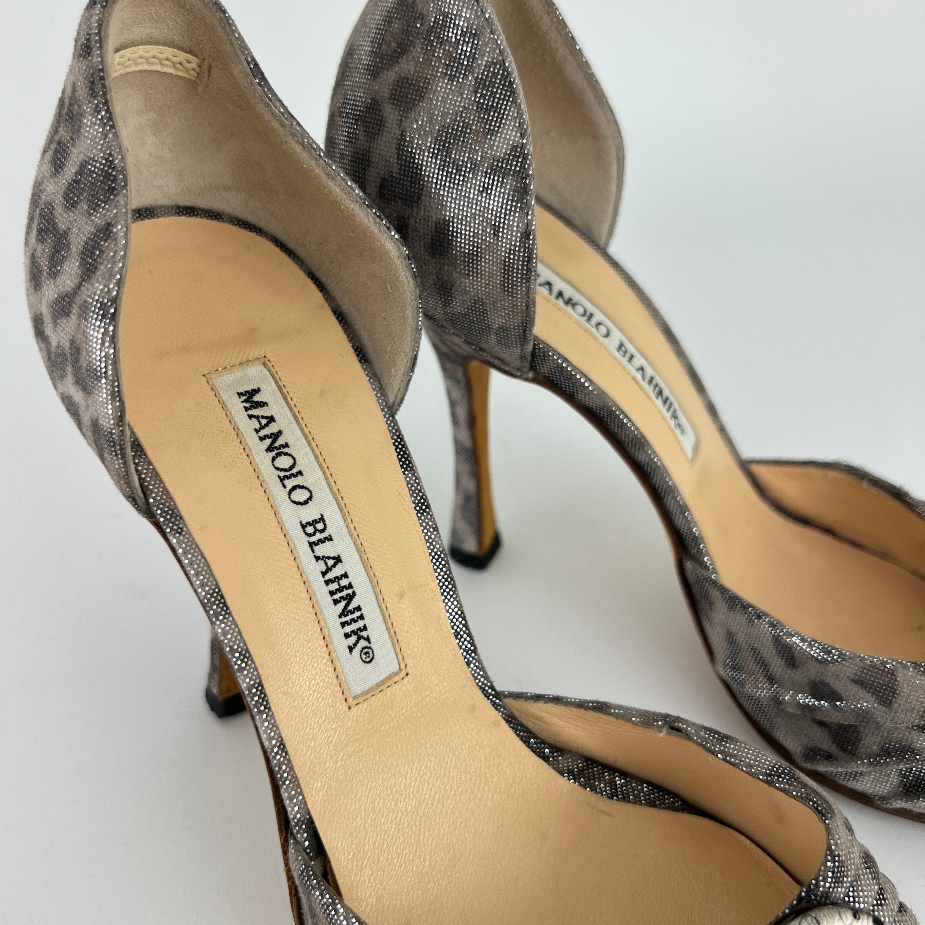 Manolo Blahnik | Vintage Metallic Silver Leopard Print Buckle D'Orsay (34.5)