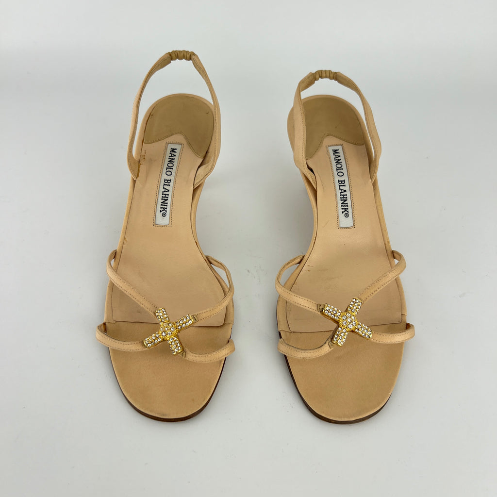 Manolo Blahnik | Beige Satin Crystal Gold Cross Strappy Kitten Slingback Heels (37)