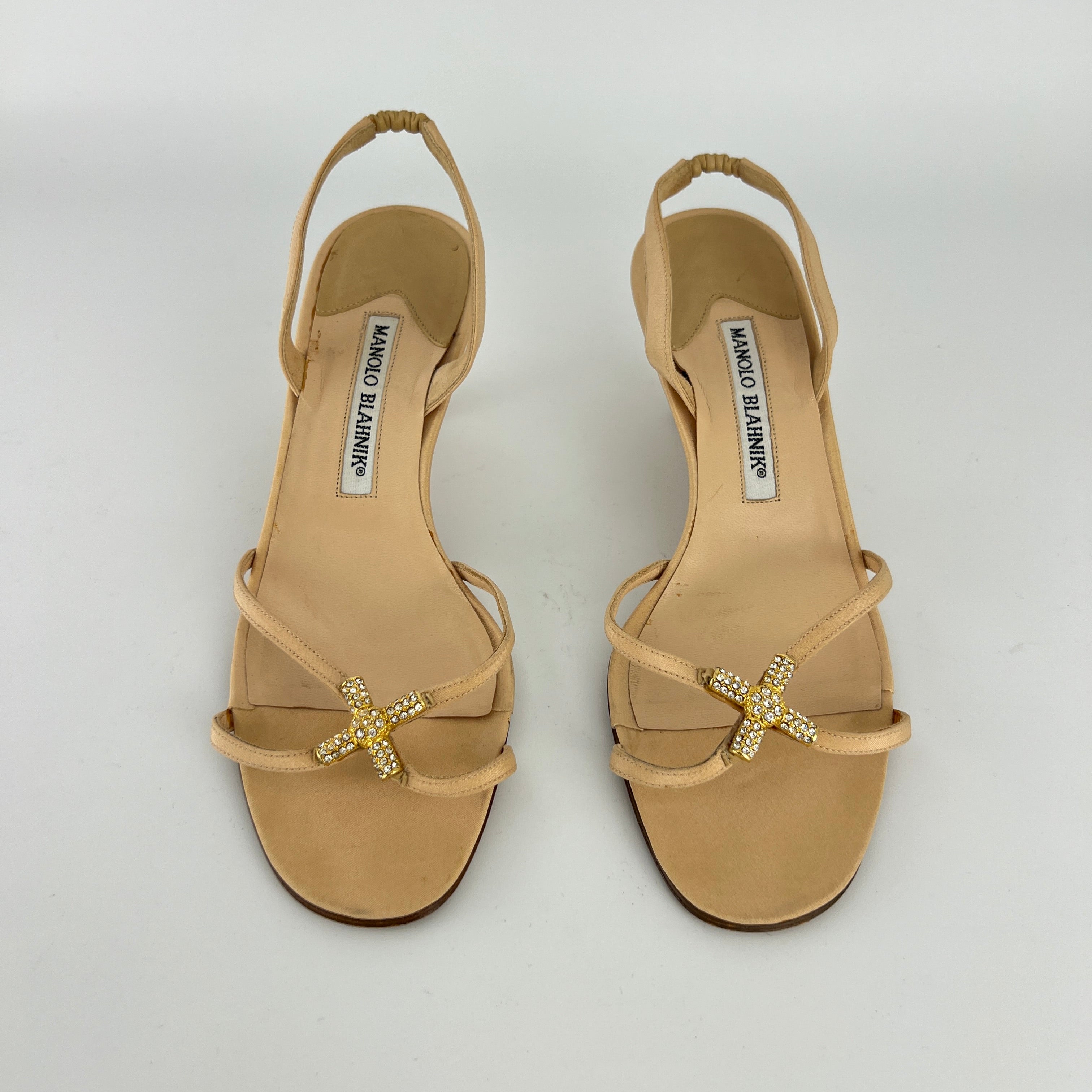Manolo Blahnik | Beige Satin Crystal Gold Cross Strappy Kitten Slingback Heels (37)