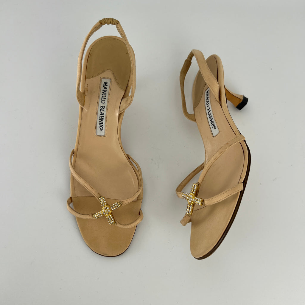 Manolo Blahnik | Beige Satin Crystal Gold Cross Strappy Kitten Slingback Heels (37)