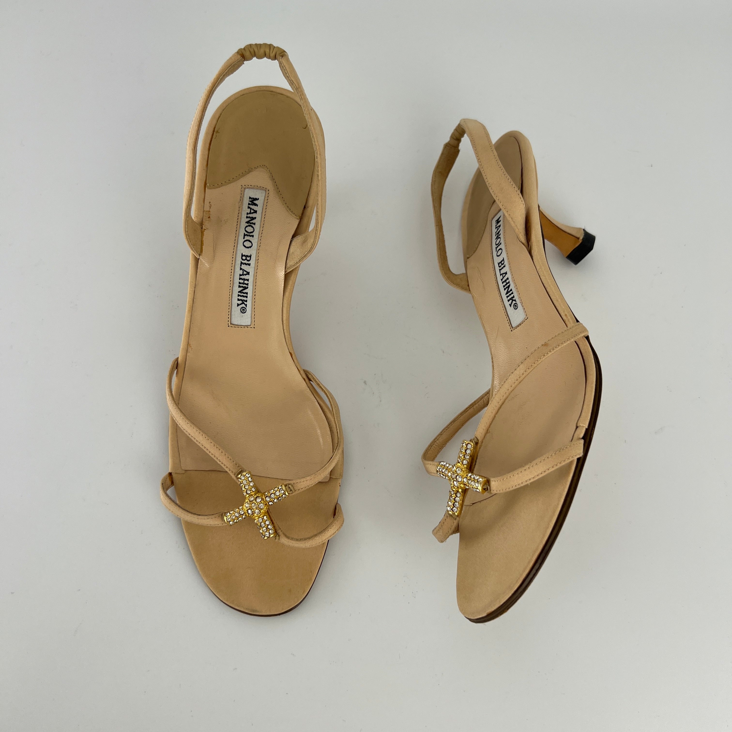 Manolo Blahnik | Beige Satin Crystal Gold Cross Strappy Kitten Slingback Heels (37)