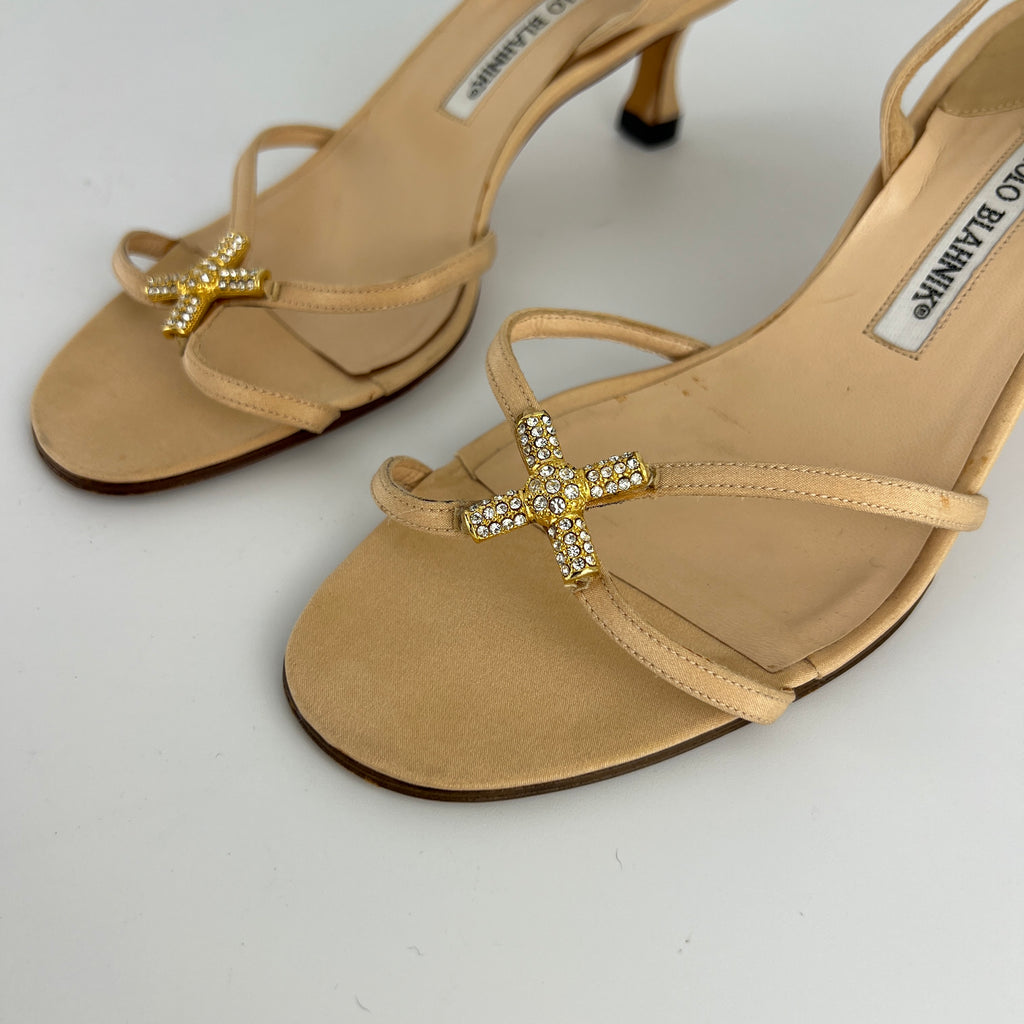 Manolo Blahnik | Beige Satin Crystal Gold Cross Strappy Kitten Slingback Heels (37)