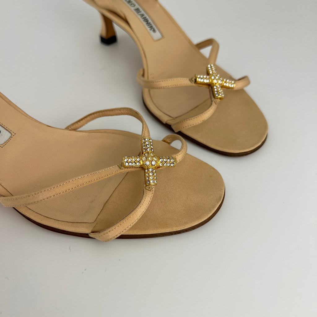 Manolo Blahnik | Beige Satin Crystal Gold Cross Strappy Kitten Slingback Heels (37)