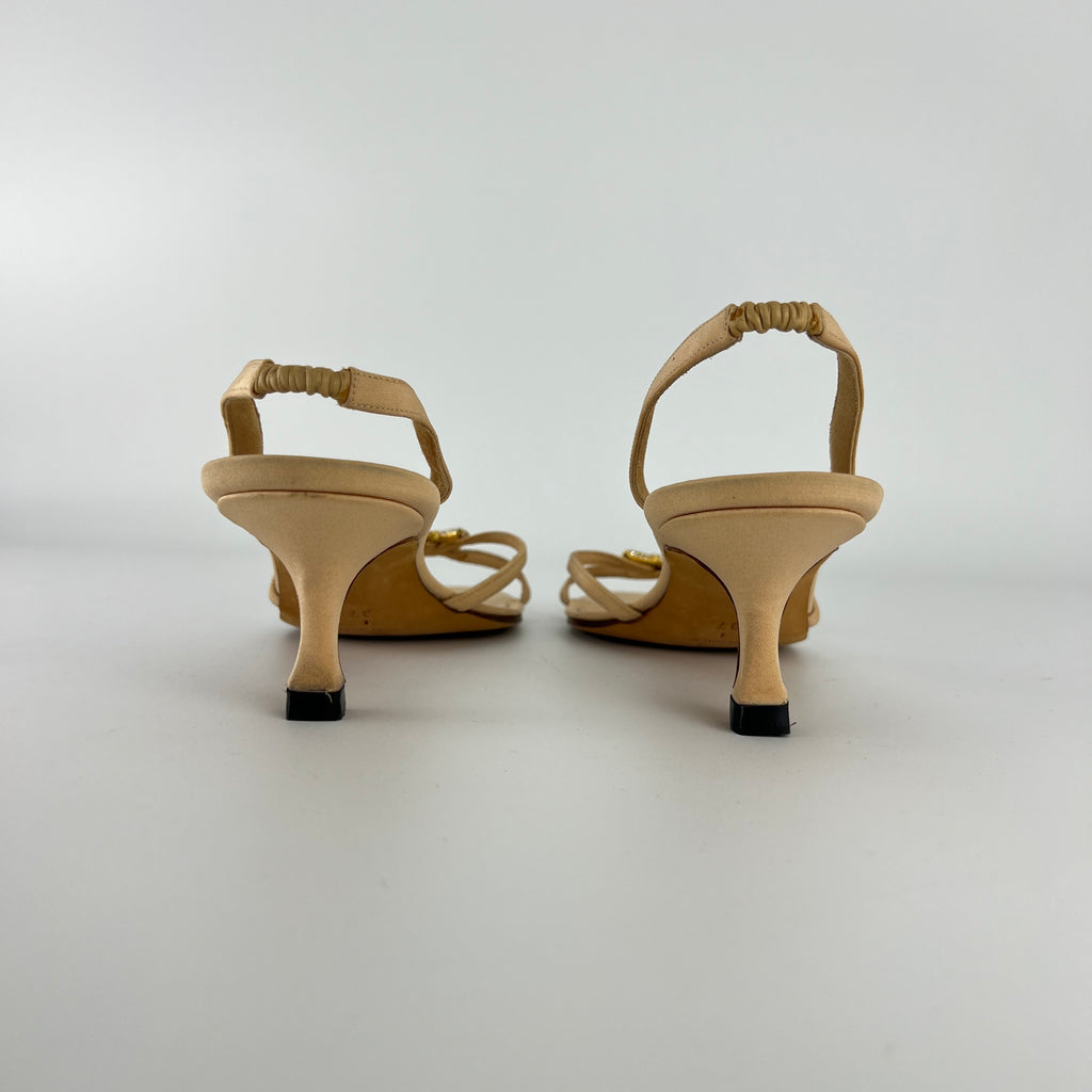 Manolo Blahnik | Beige Satin Crystal Gold Cross Strappy Kitten Slingback Heels (37)