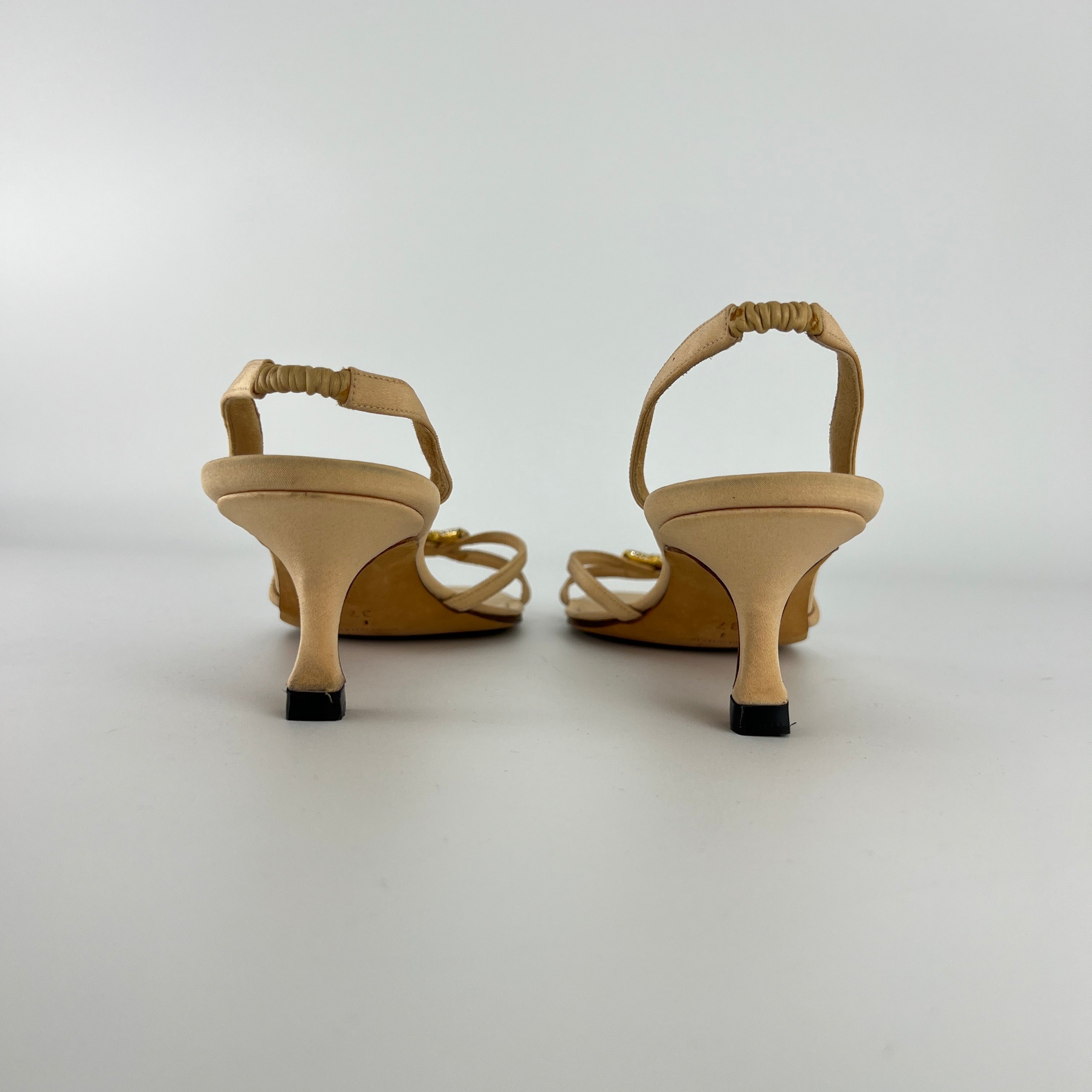 Manolo Blahnik | Beige Satin Crystal Gold Cross Strappy Kitten Slingback Heels (37)