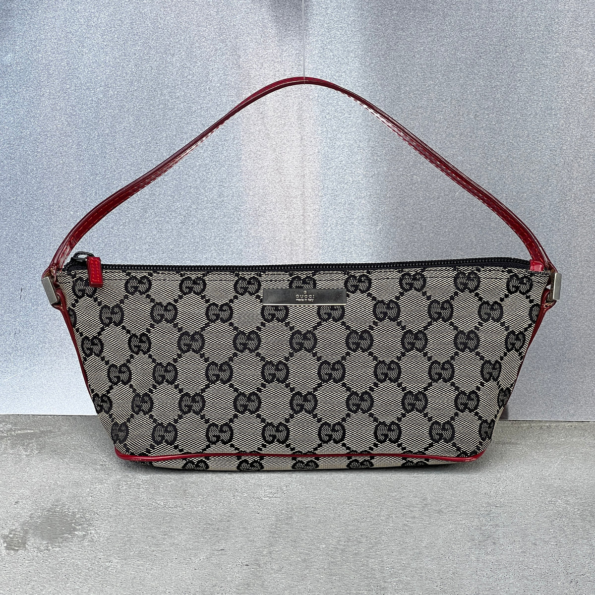 Gucci | Tom Ford Era GG Monogram Canvas Red Leather Trim Boat Pochette