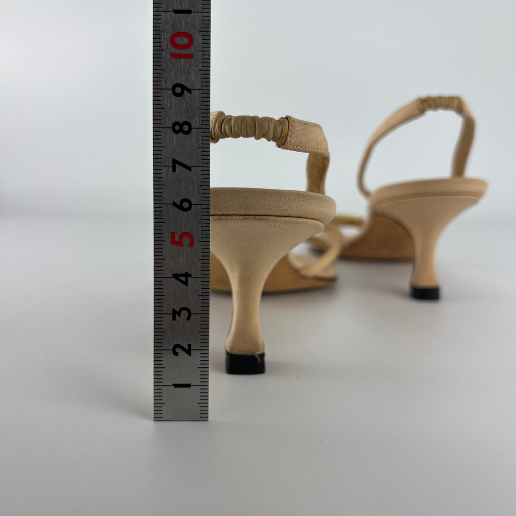 Manolo Blahnik | Beige Satin Crystal Gold Cross Strappy Kitten Slingback Heels (37)