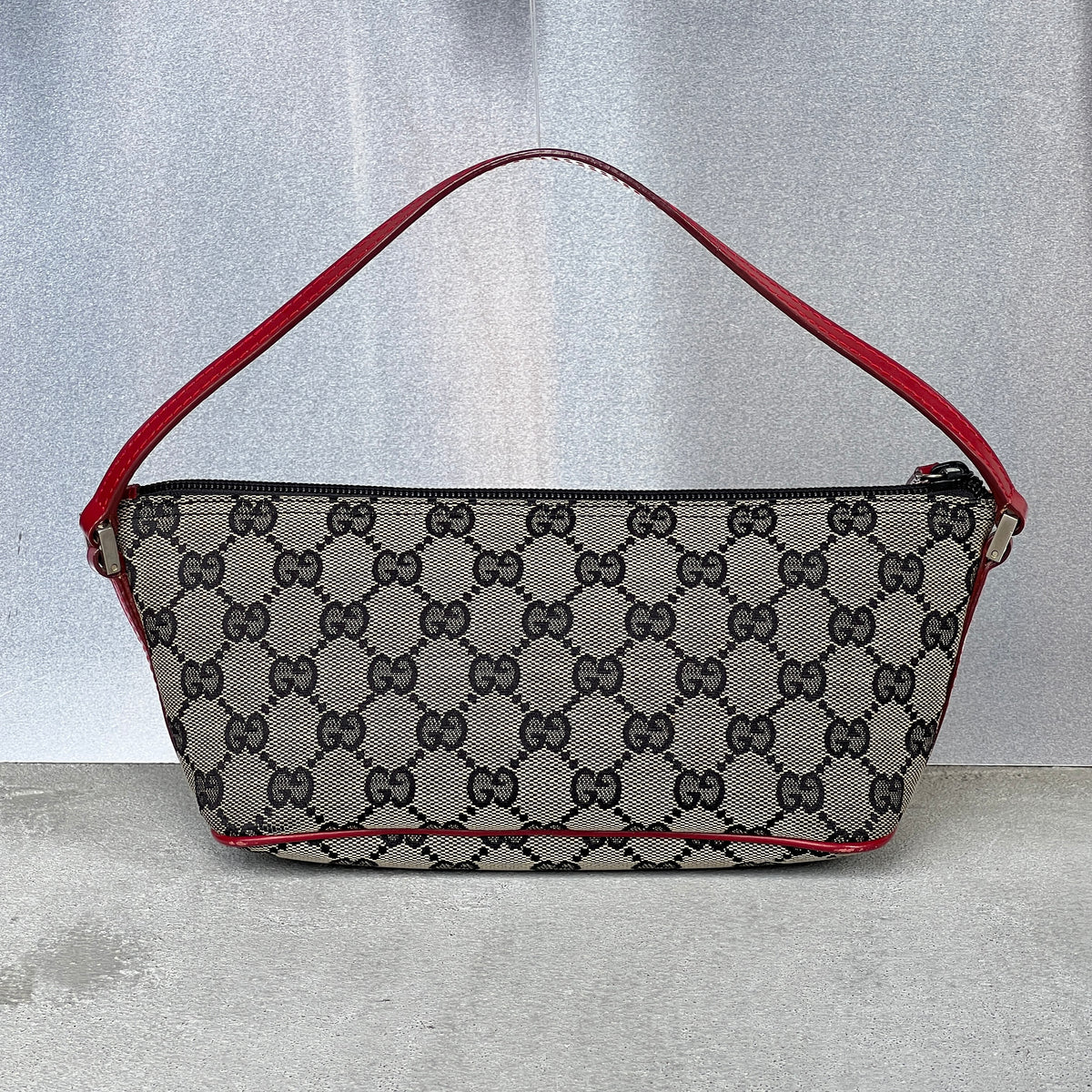 Gucci | Tom Ford Era GG Monogram Canvas Red Leather Trim Boat Pochette