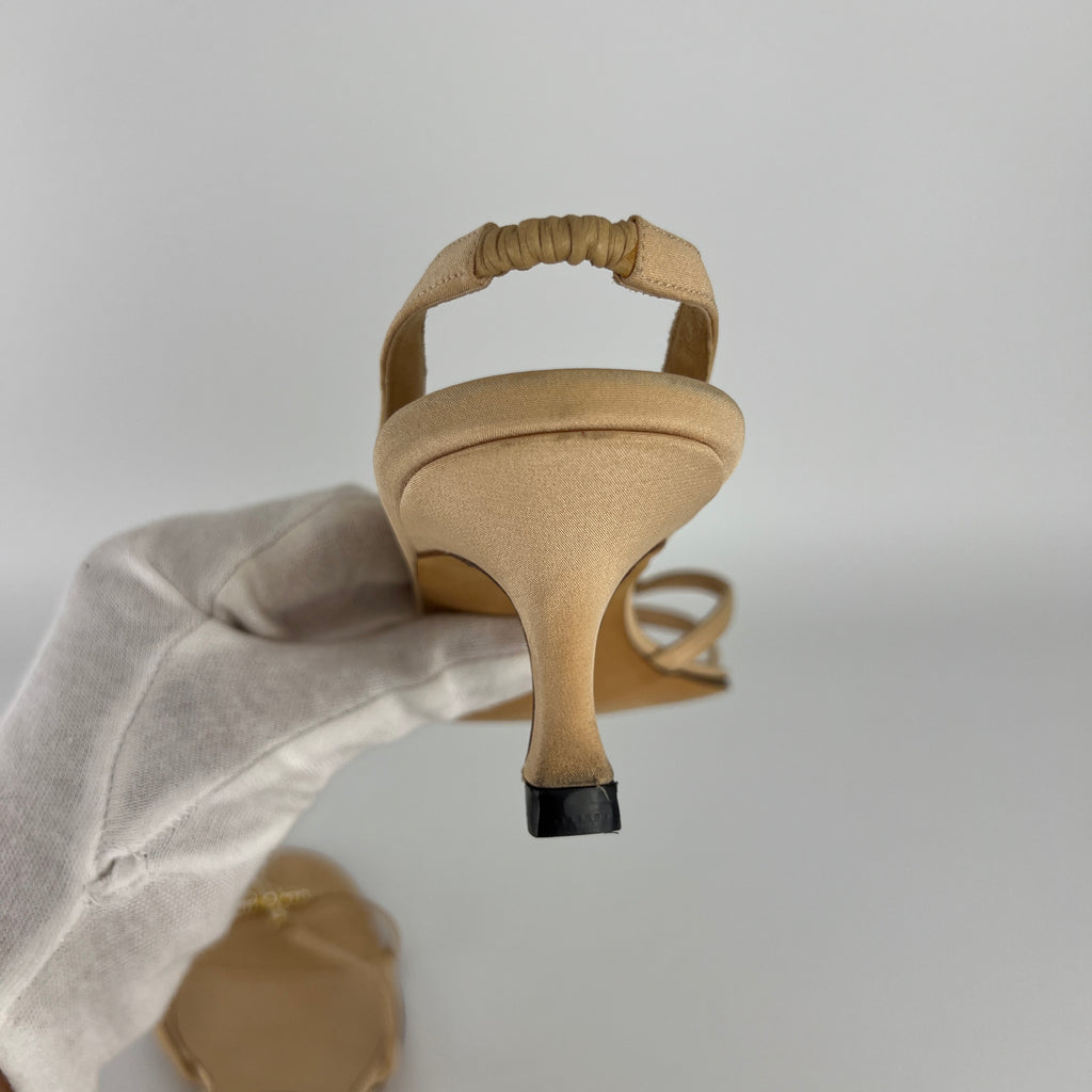 Manolo Blahnik | Beige Satin Crystal Gold Cross Strappy Kitten Slingback Heels (37)
