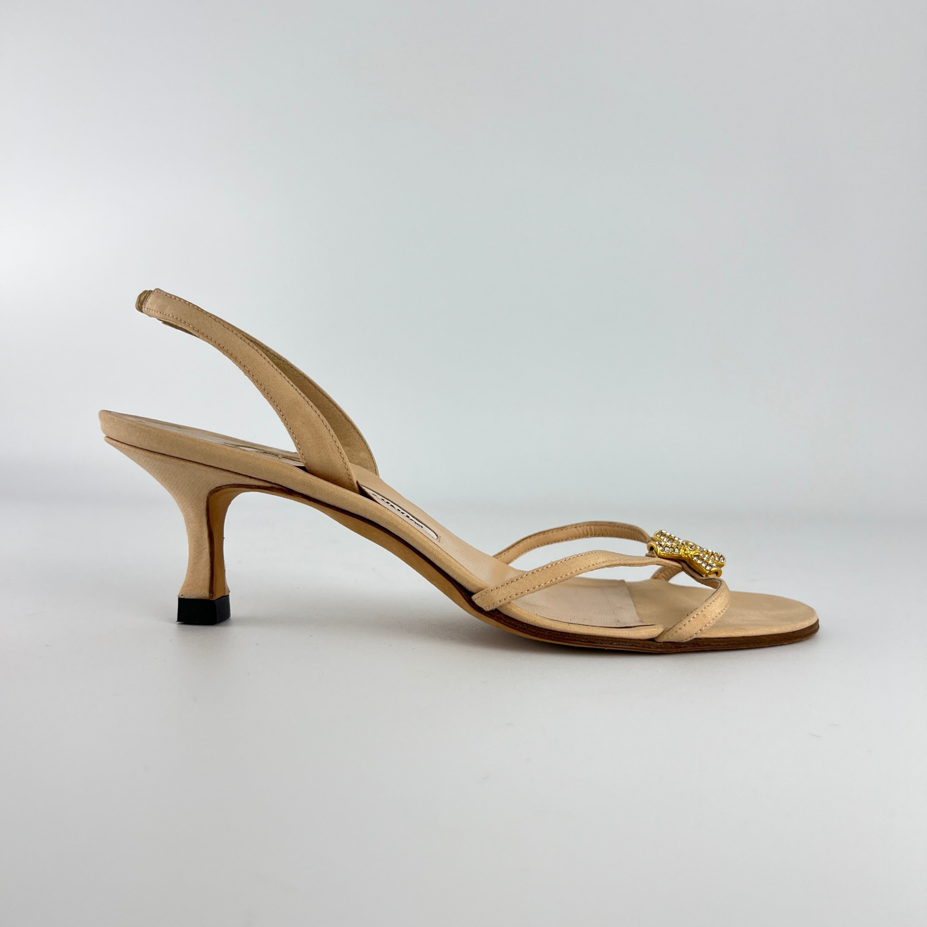 Manolo Blahnik | Beige Satin Crystal Gold Cross Strappy Kitten Slingback Heels (37)