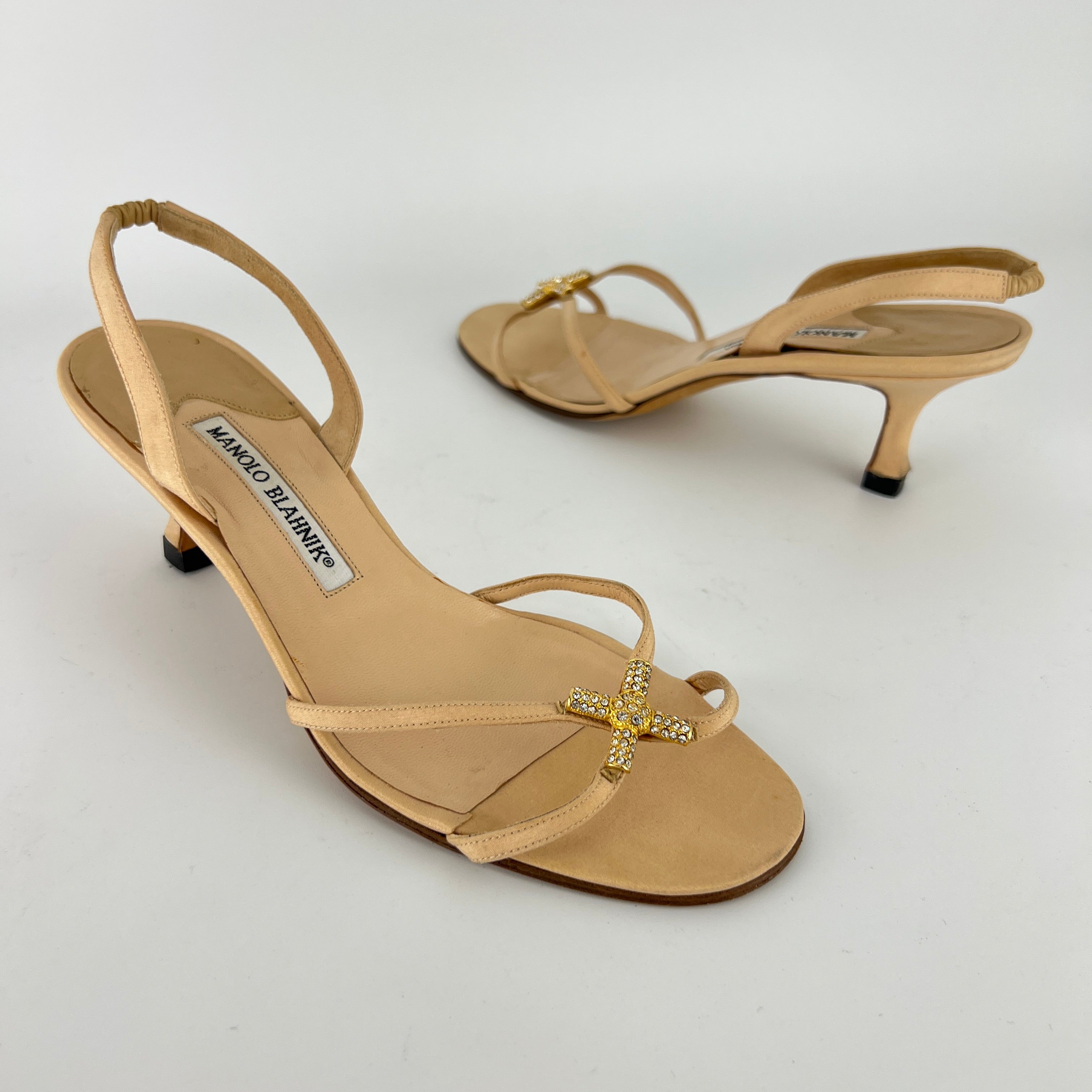 Manolo Blahnik | Beige Satin Crystal Gold Cross Strappy Kitten Slingback Heels (37)