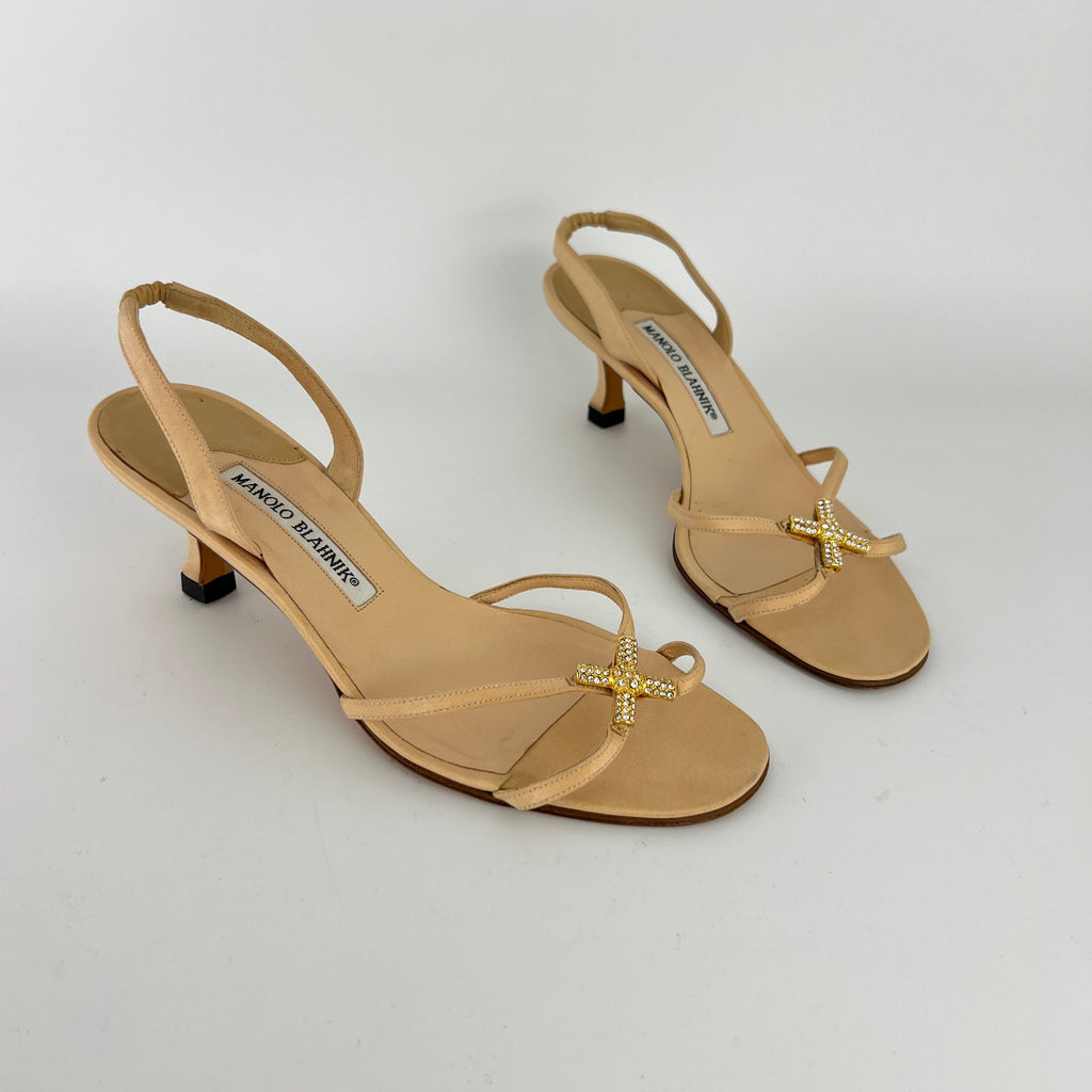 Manolo Blahnik | Beige Satin Crystal Gold Cross Strappy Kitten Slingback Heels (37)