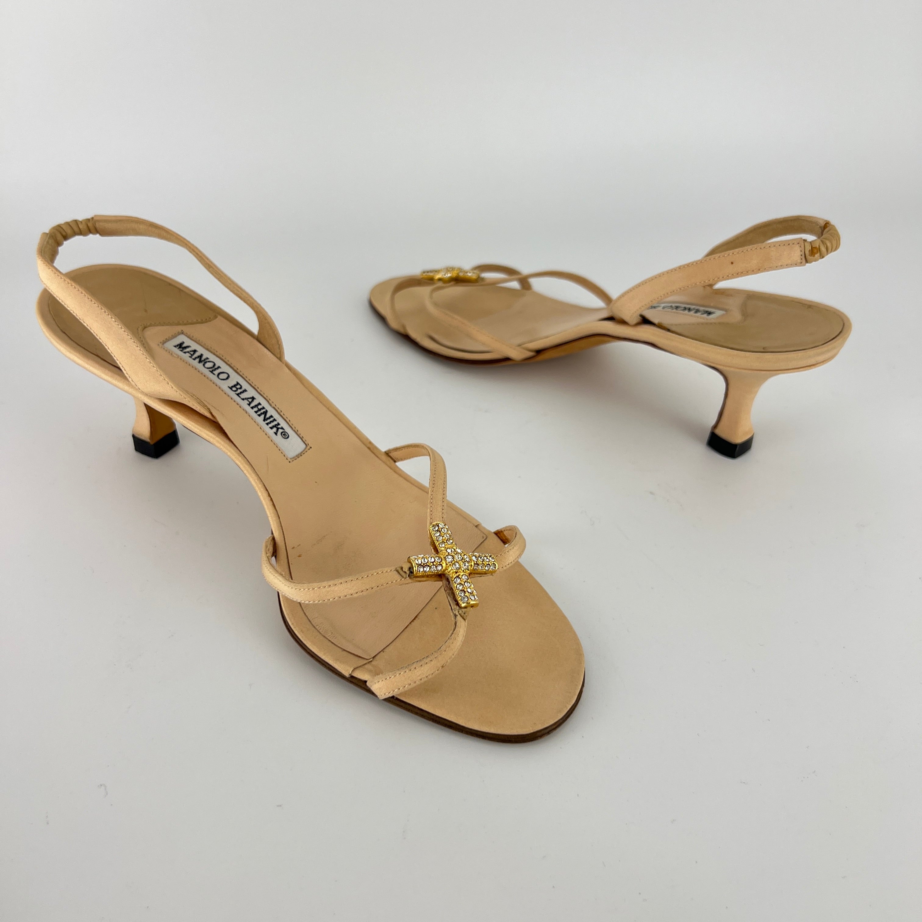 Manolo Blahnik | Beige Satin Crystal Gold Cross Strappy Kitten Slingback Heels (37)