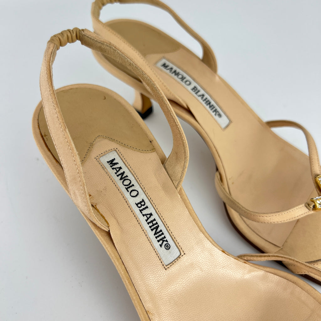 Manolo Blahnik | Beige Satin Crystal Gold Cross Strappy Kitten Slingback Heels (37)