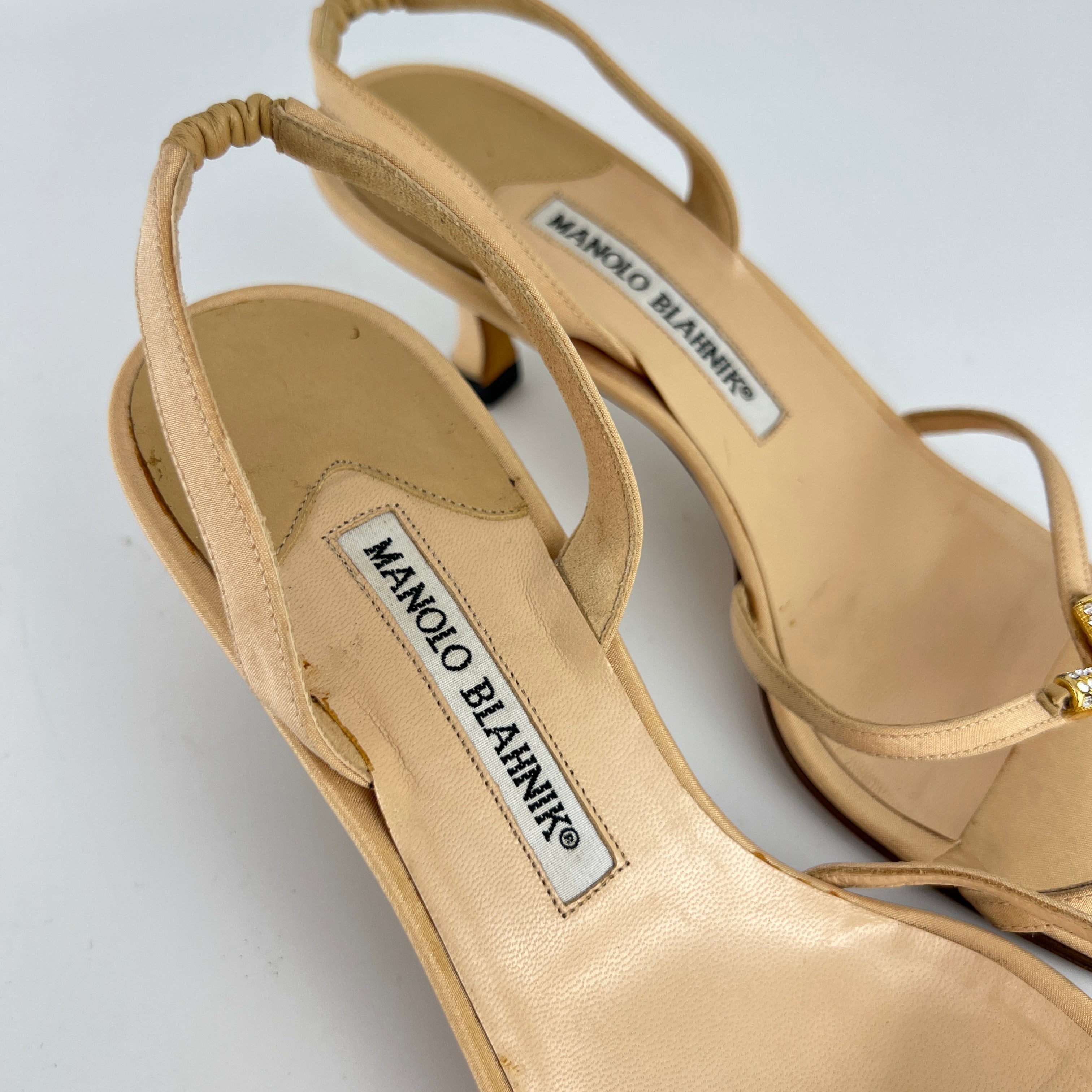 Manolo Blahnik | Beige Satin Crystal Gold Cross Strappy Kitten Slingback Heels (37)