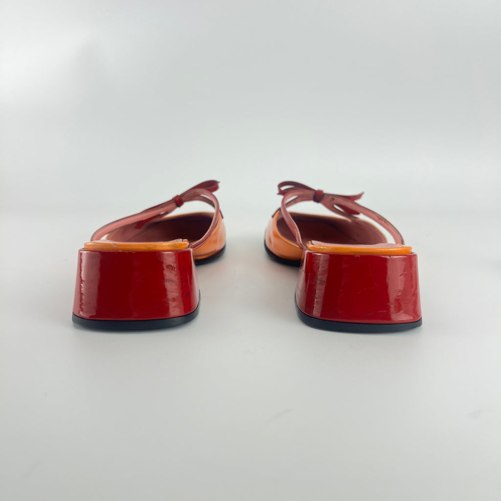 Prada | Vintage 90s Orange Red Patent Leather Bow Block Kitten Heel Mule (35.5)