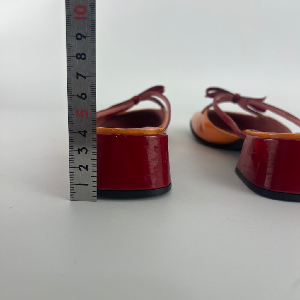 Prada | Vintage 90s Orange Red Patent Leather Bow Block Kitten Heel Mule (35.5)