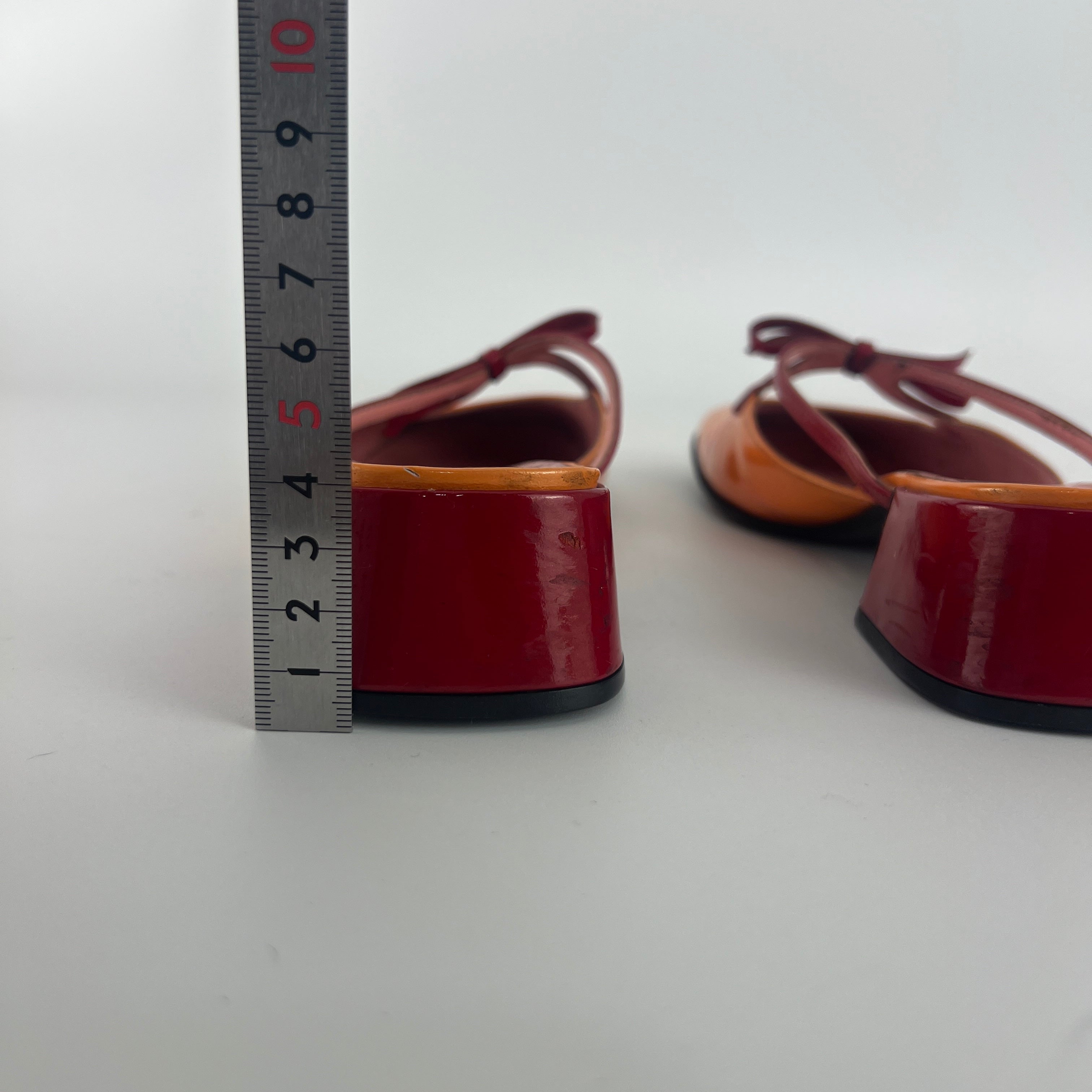 Prada | Vintage 90s Orange Red Patent Leather Bow Block Kitten Heel Mule (35.5)