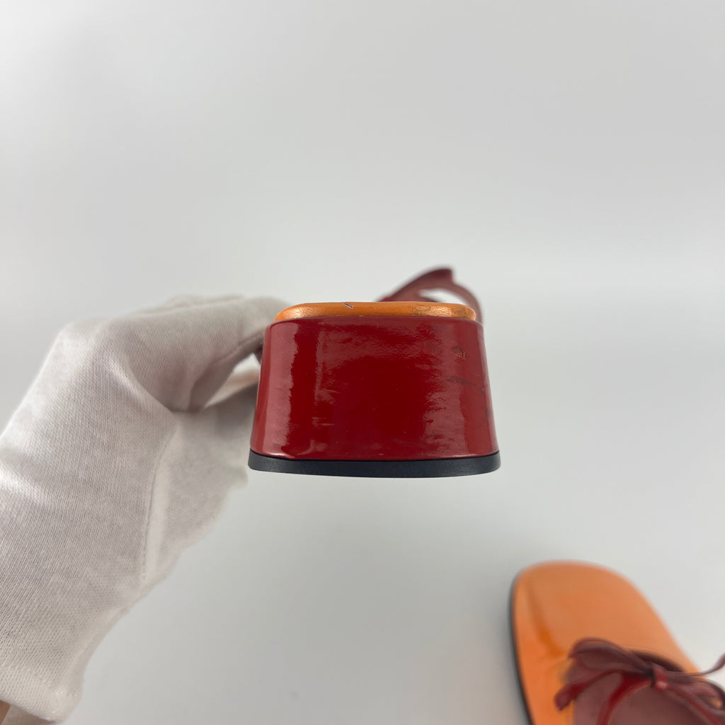 Prada | Vintage 90s Orange Red Patent Leather Bow Block Kitten Heel Mule (35.5)