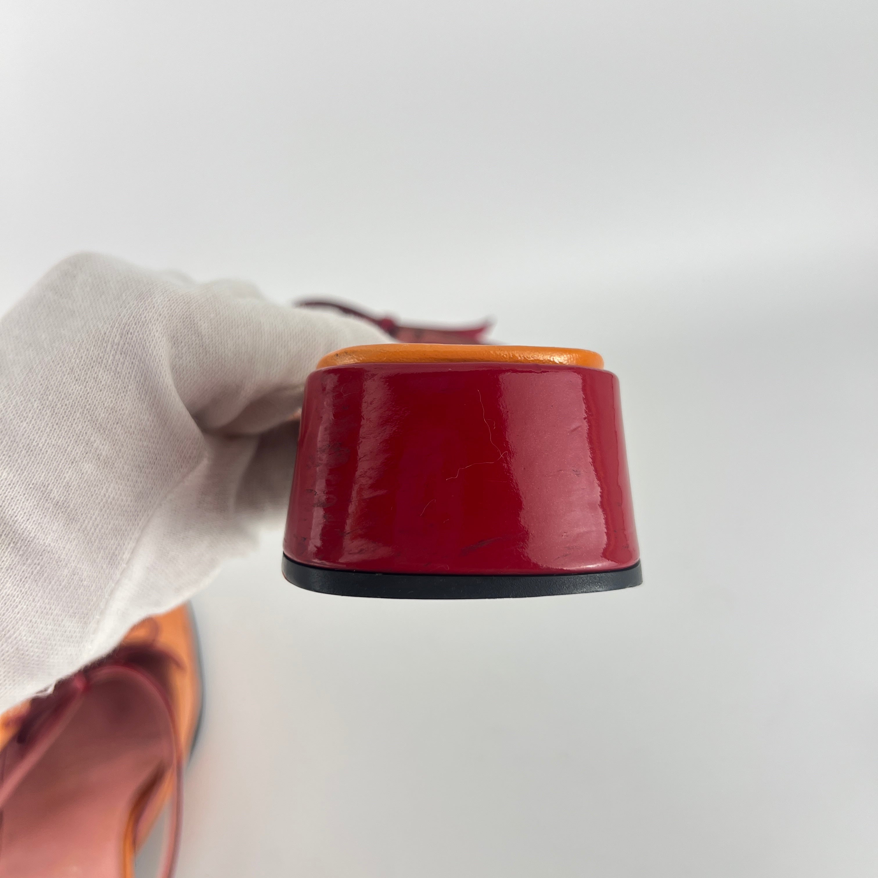 Prada | Vintage 90s Orange Red Patent Leather Bow Block Kitten Heel Mule (35.5)