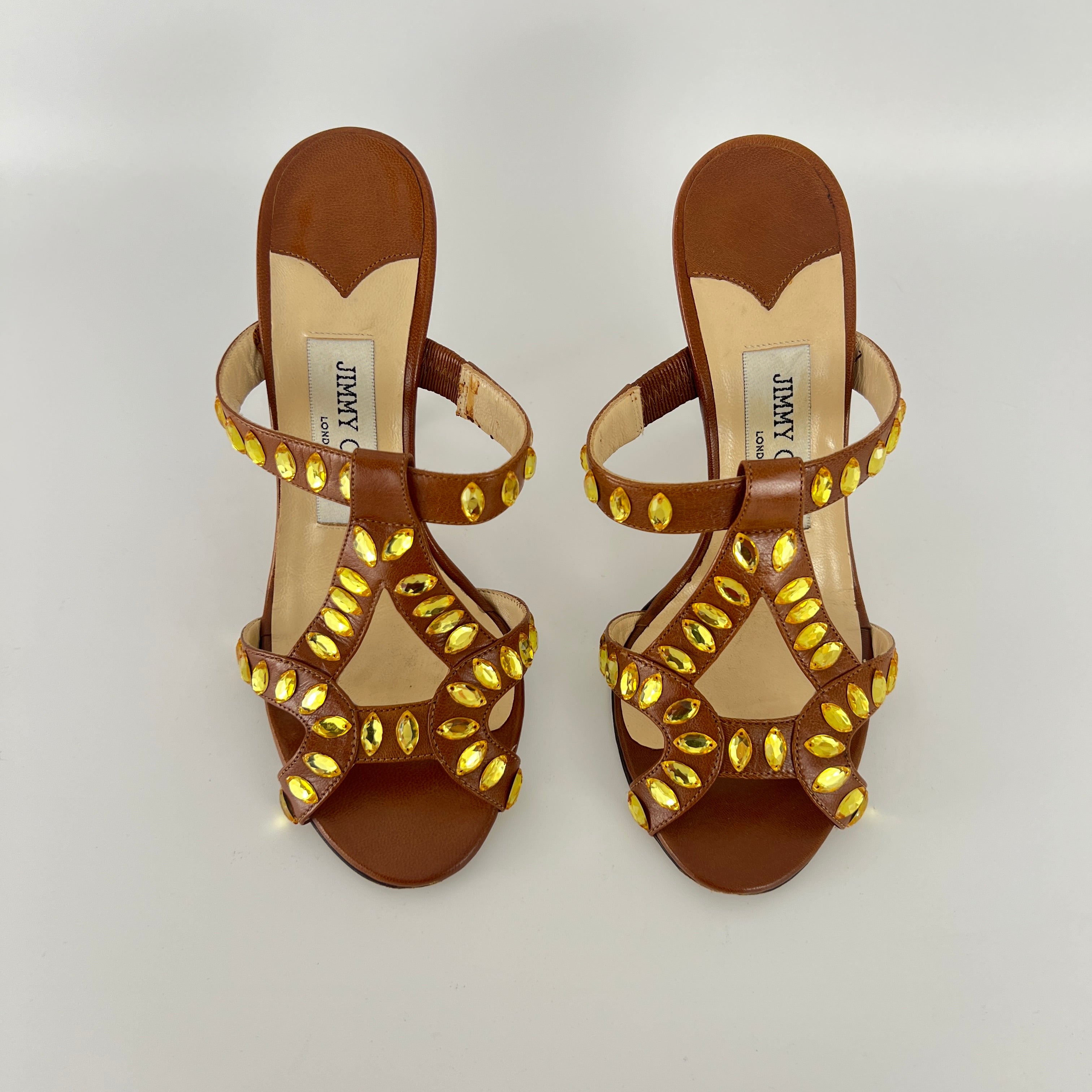 Jimmy Choo | Brown Leather Yellow Gem Crystal Strappy Slide Mules (34.5)