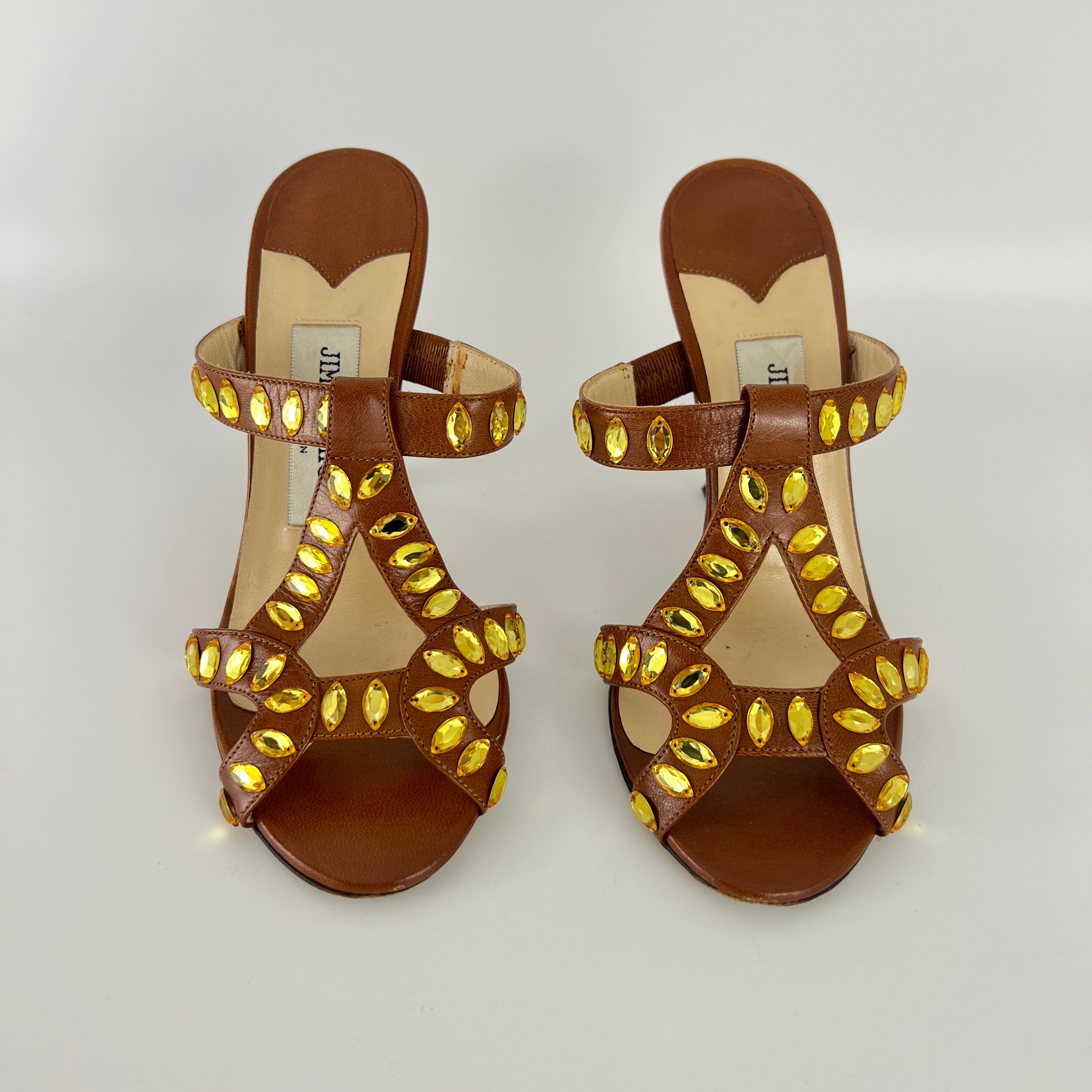 Jimmy Choo | Brown Leather Yellow Gem Crystal Strappy Slide Mules (34.5)