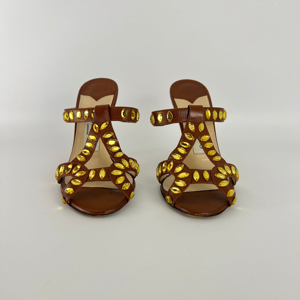 Jimmy Choo | Brown Leather Yellow Gem Crystal Strappy Slide Mules (34.5)