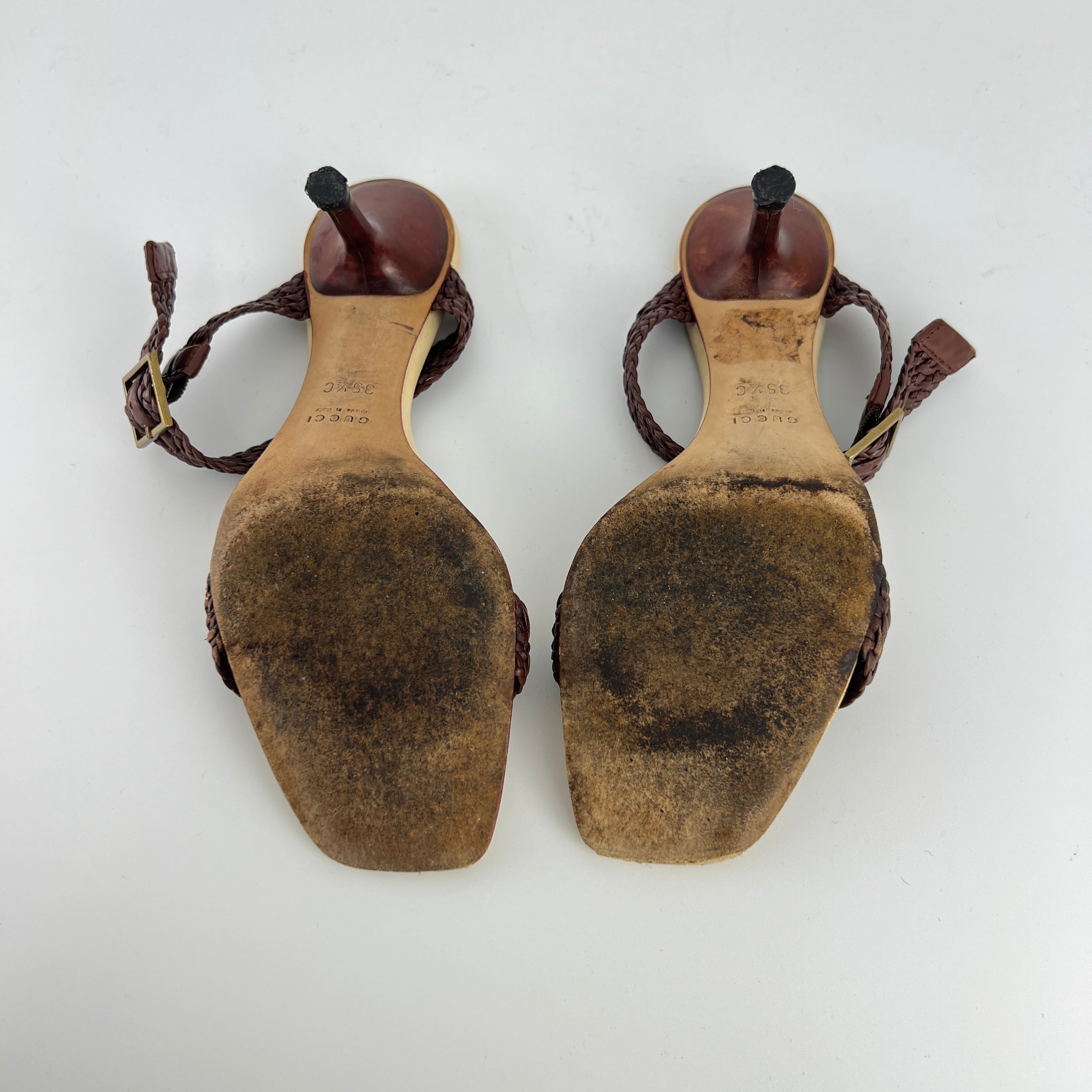 Gucci | Vintage Brown Leather Braided Straps Buckle Slide Mules (35.5)