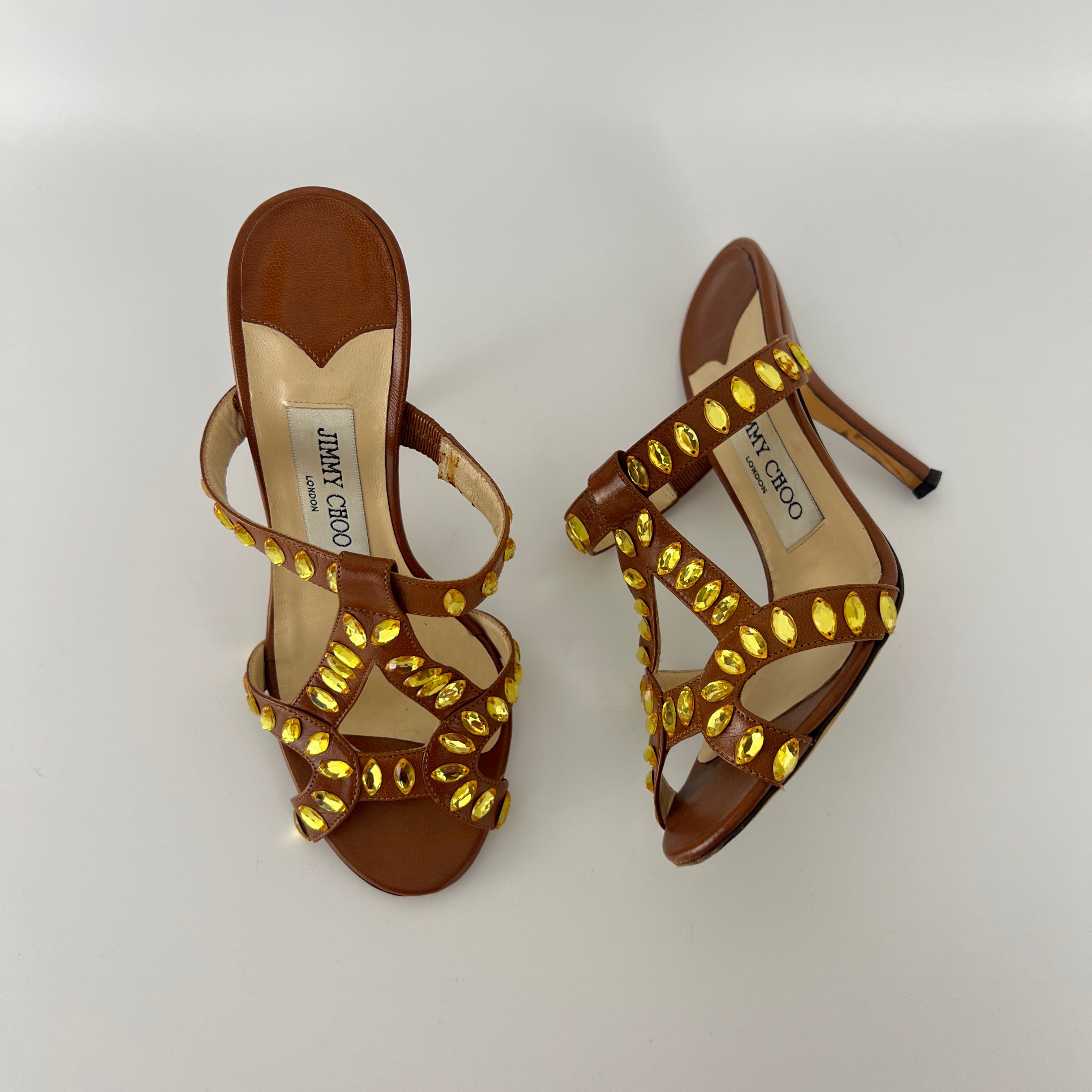 Jimmy Choo | Brown Leather Yellow Gem Crystal Strappy Slide Mules (34.5)