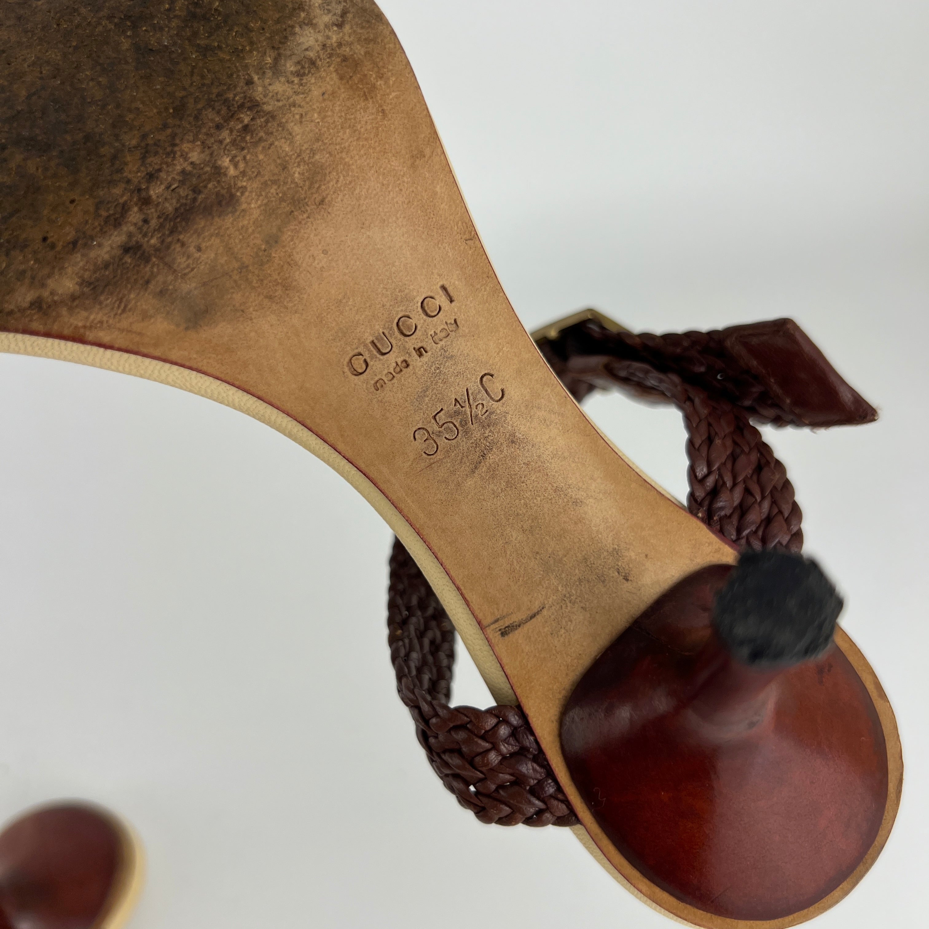 Gucci | Vintage Brown Leather Braided Straps Buckle Slide Mules (35.5)