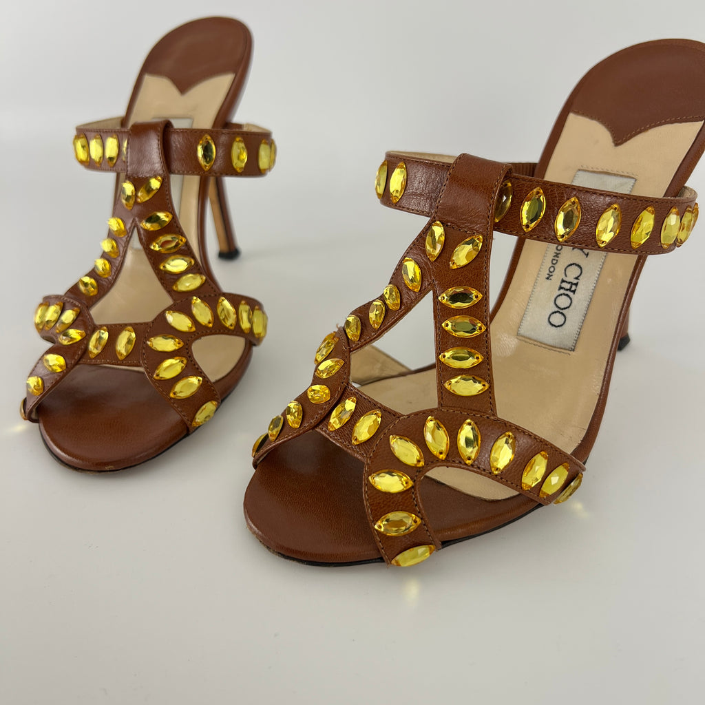 Jimmy Choo | Brown Leather Yellow Gem Crystal Strappy Slide Mules (34.5)