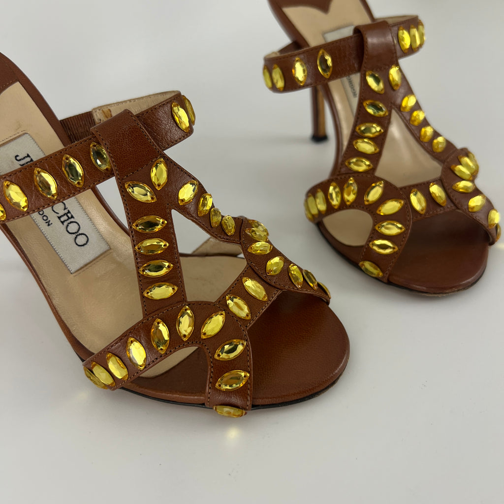 Jimmy Choo | Brown Leather Yellow Gem Crystal Strappy Slide Mules (34.5)
