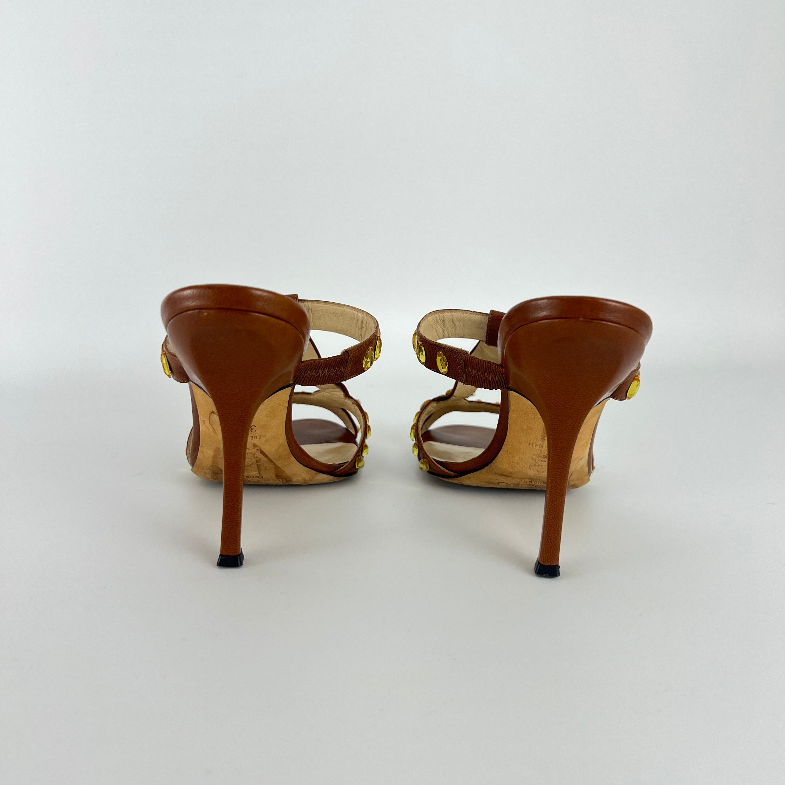 Jimmy Choo | Brown Leather Yellow Gem Crystal Strappy Slide Mules (34.5)