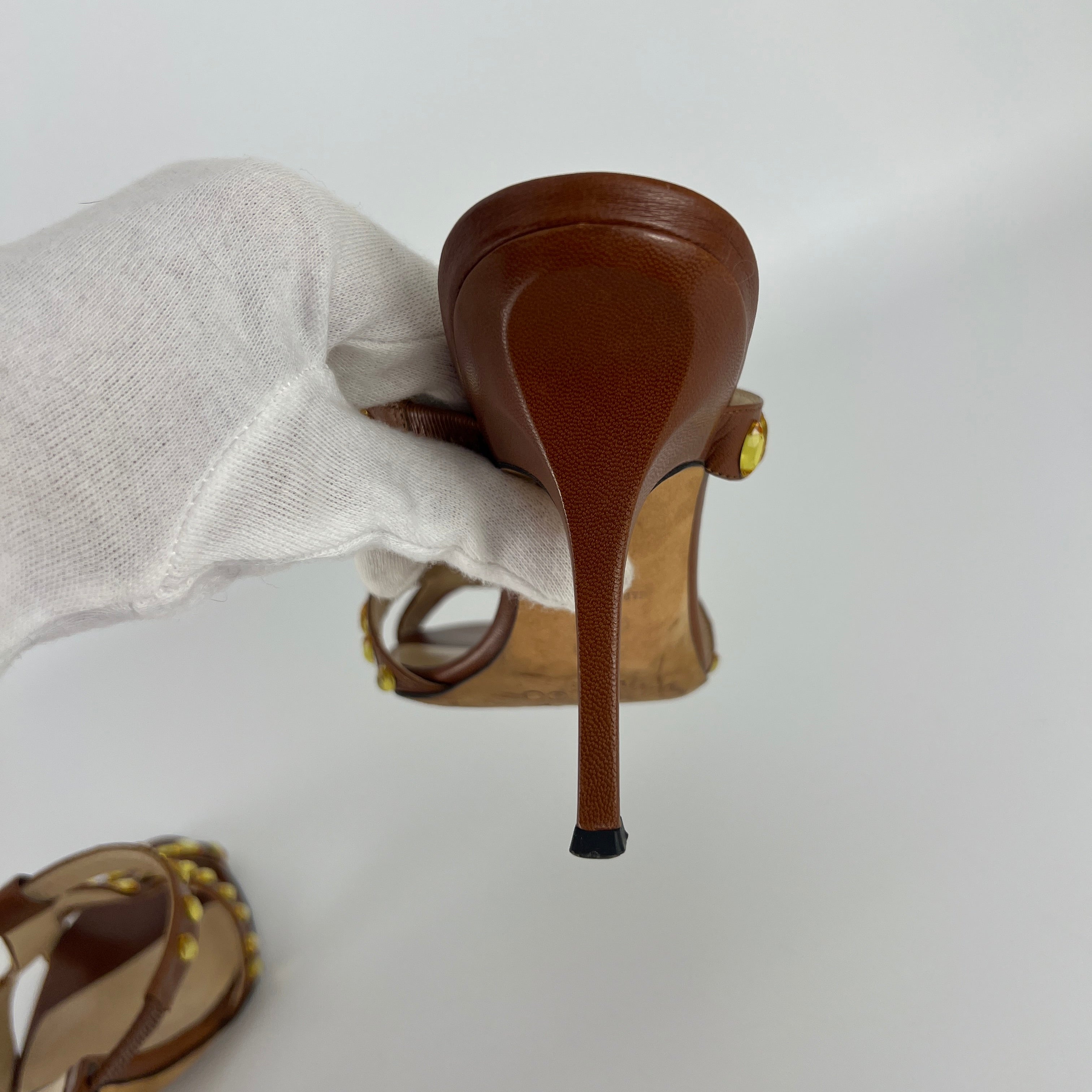 Jimmy Choo | Brown Leather Yellow Gem Crystal Strappy Slide Mules (34.5)