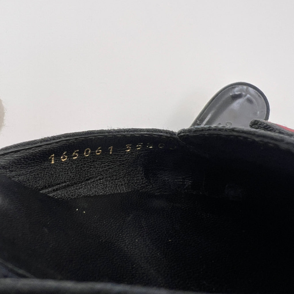 Gucci | Black Leather Canvas Pointed Toe Ribbon Gold Hardware Mules (35.5)