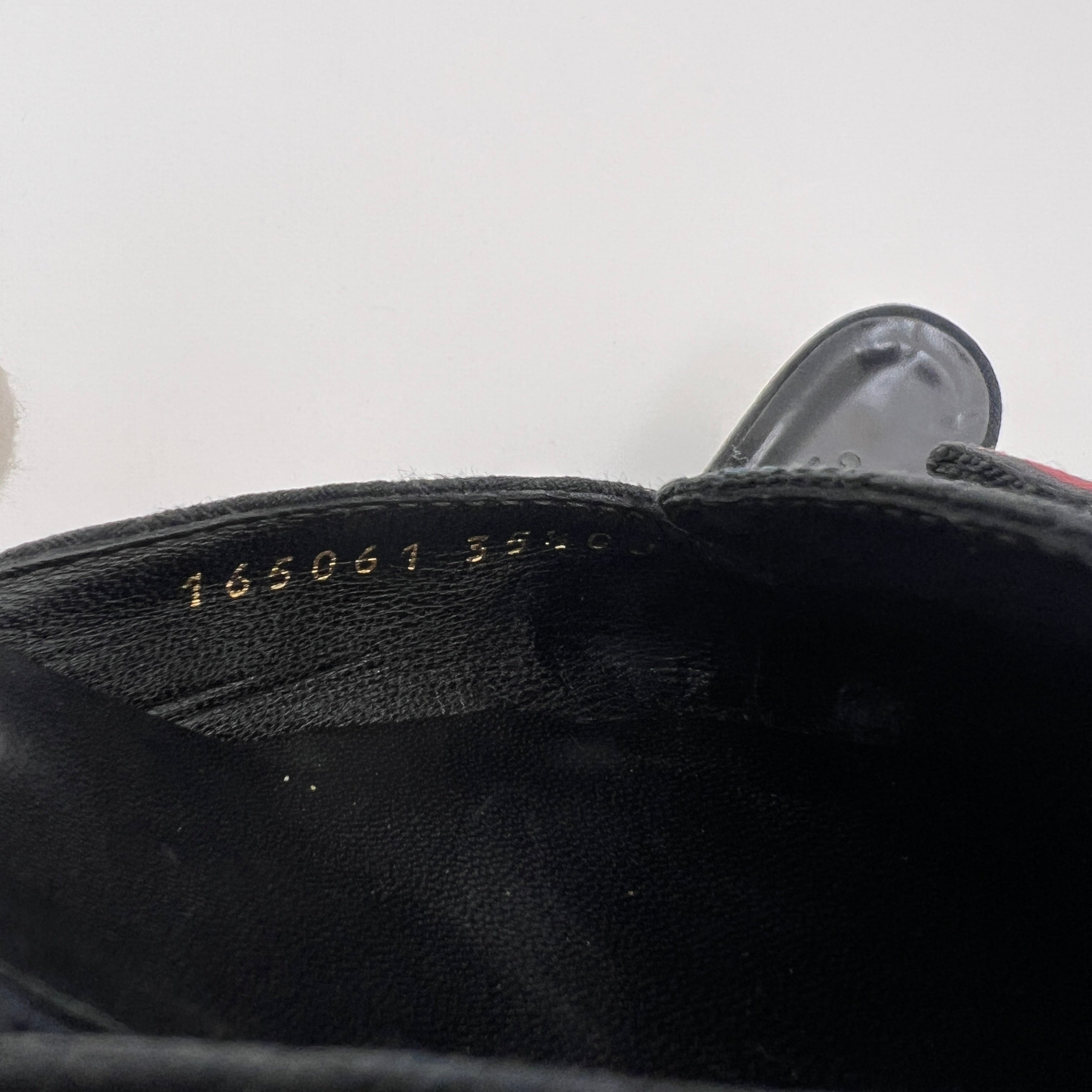 Gucci | Black Leather Canvas Pointed Toe Ribbon Gold Hardware Mules (35.5)