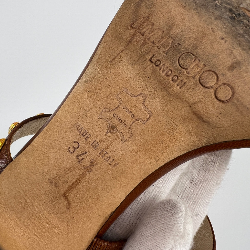 Jimmy Choo | Brown Leather Yellow Gem Crystal Strappy Slide Mules (34.5)