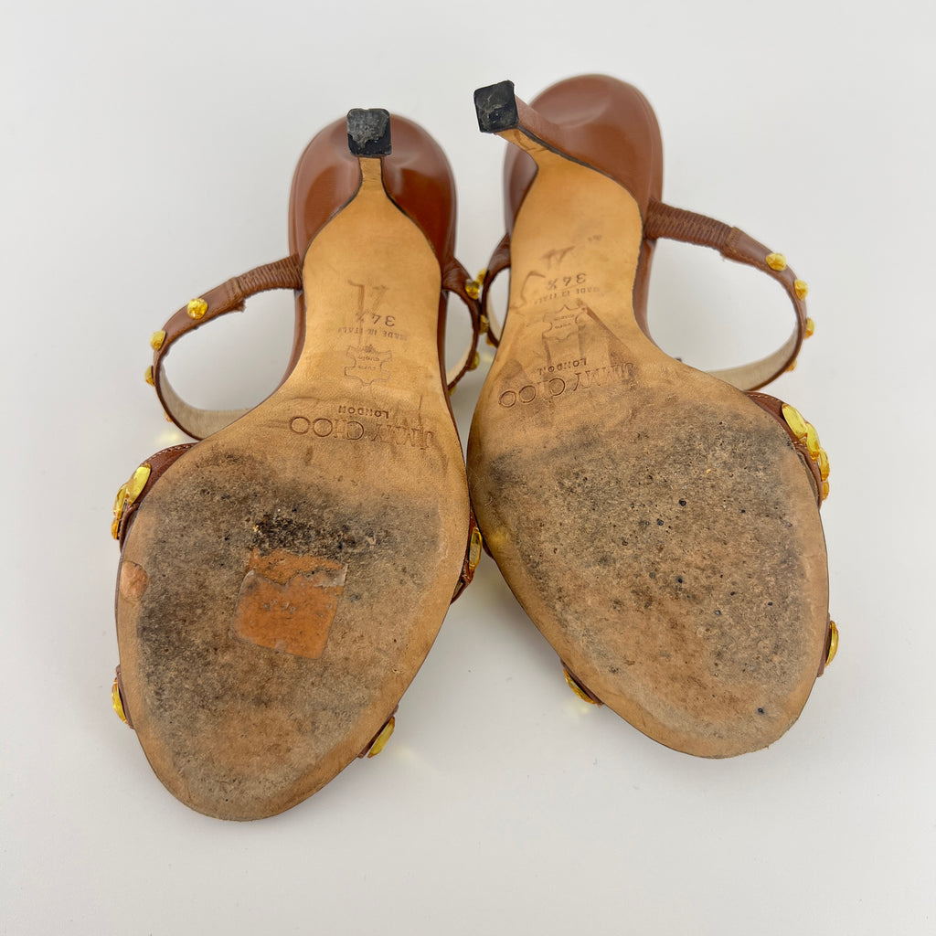 Jimmy Choo | Brown Leather Yellow Gem Crystal Strappy Slide Mules (34.5)