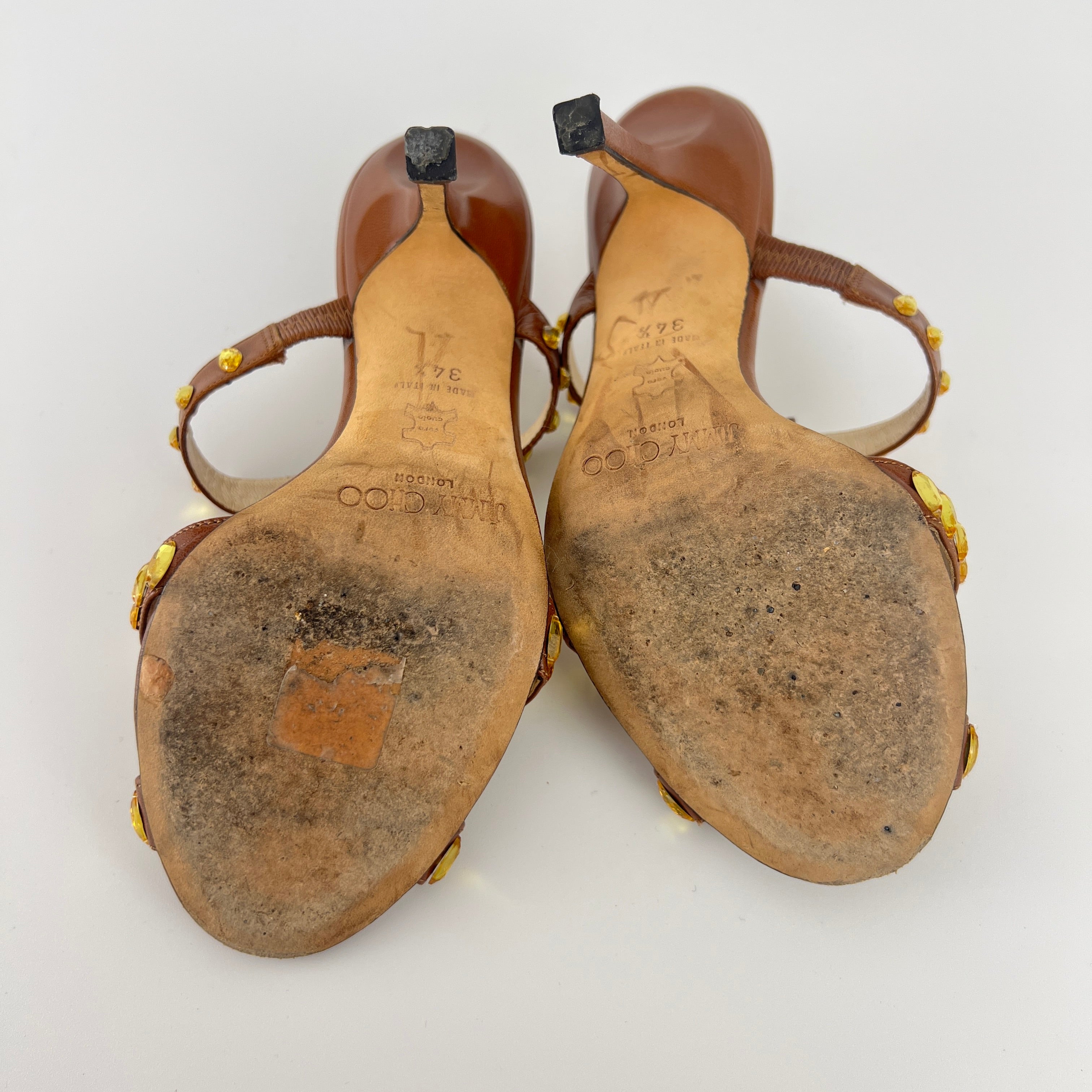 Jimmy Choo | Brown Leather Yellow Gem Crystal Strappy Slide Mules (34.5)