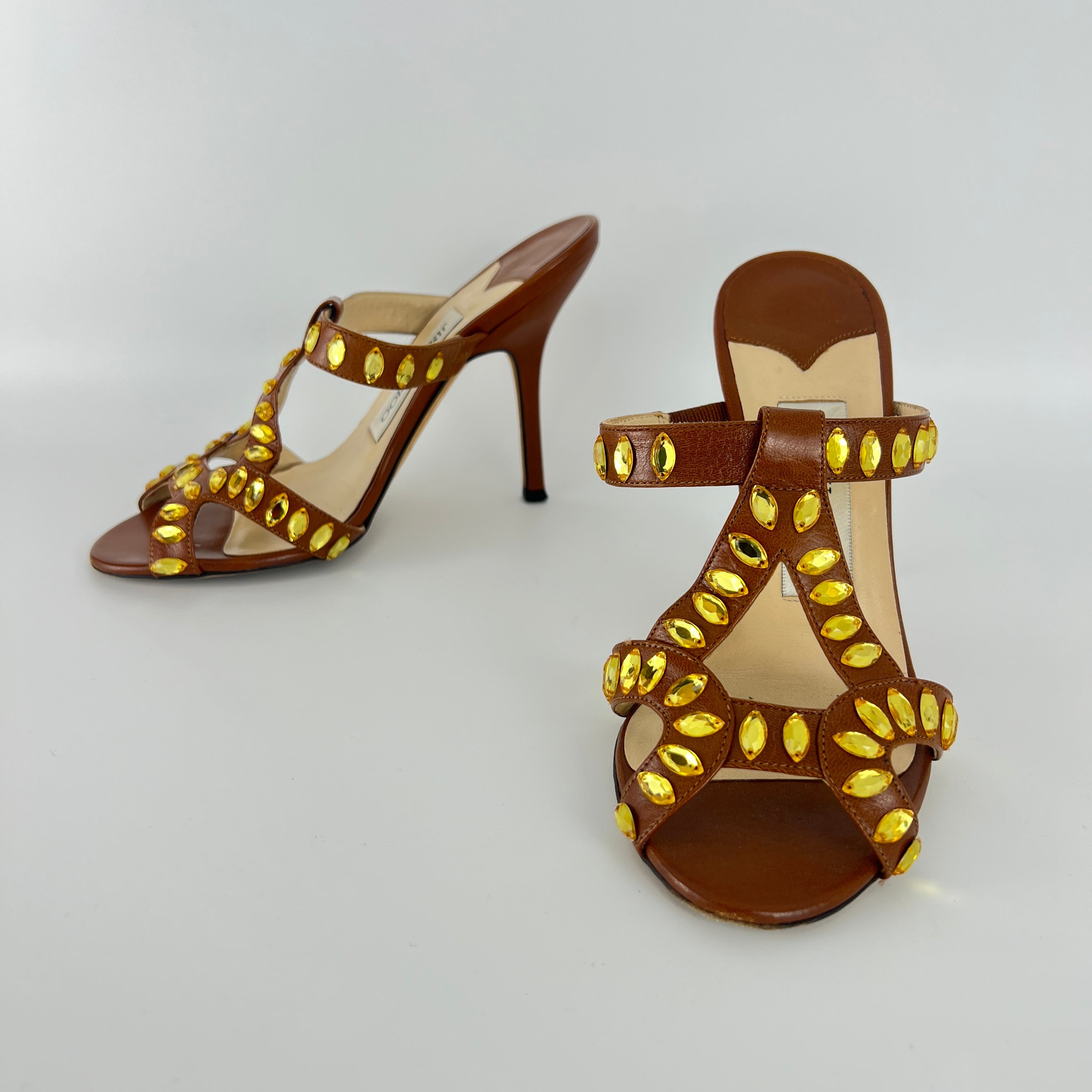 Jimmy Choo | Brown Leather Yellow Gem Crystal Strappy Slide Mules (34.5)