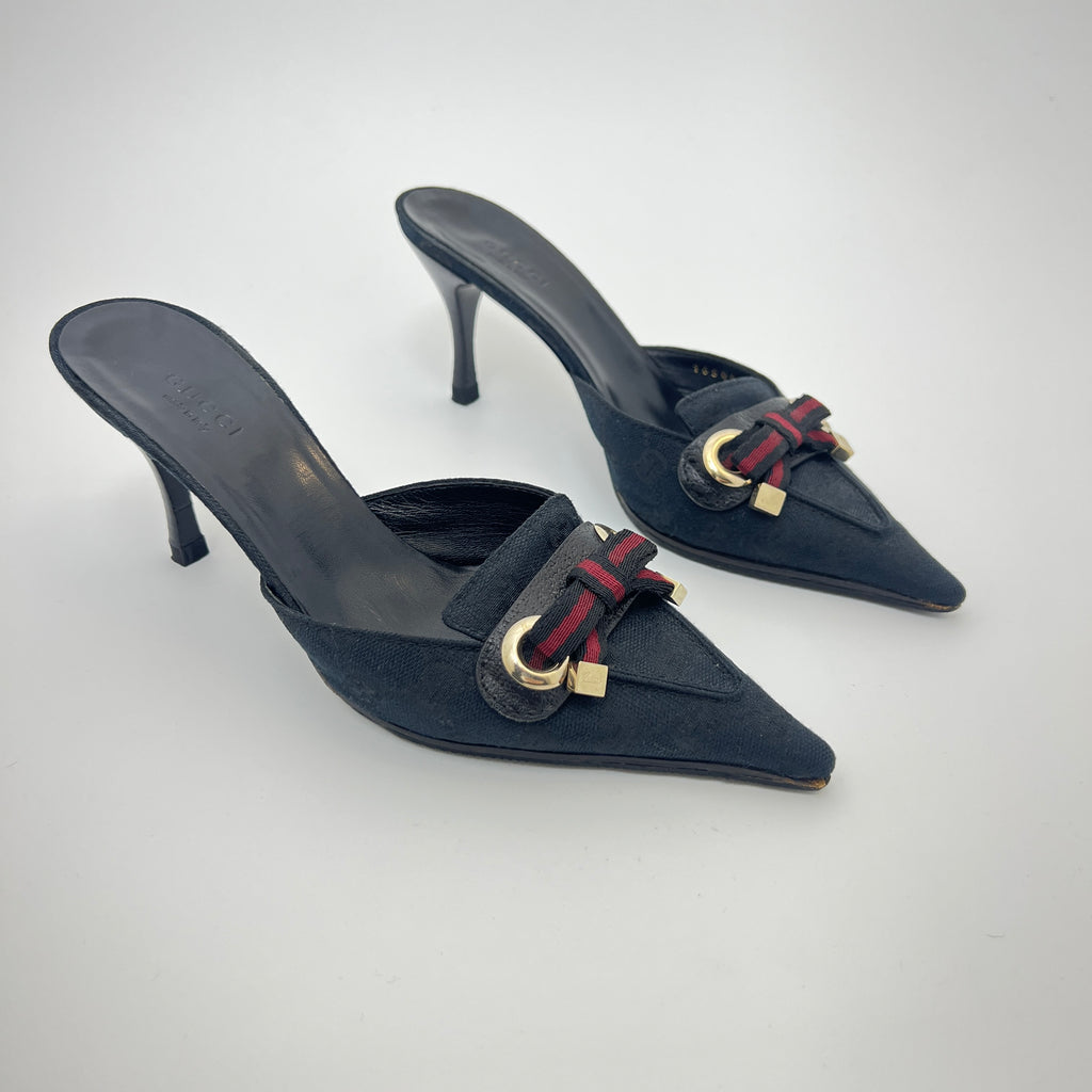 Gucci | Black Leather Canvas Pointed Toe Ribbon Gold Hardware Mules (35.5)
