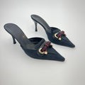 Gucci | Black Leather Canvas Pointed Toe Ribbon Gold Hardware Mules (35.5)