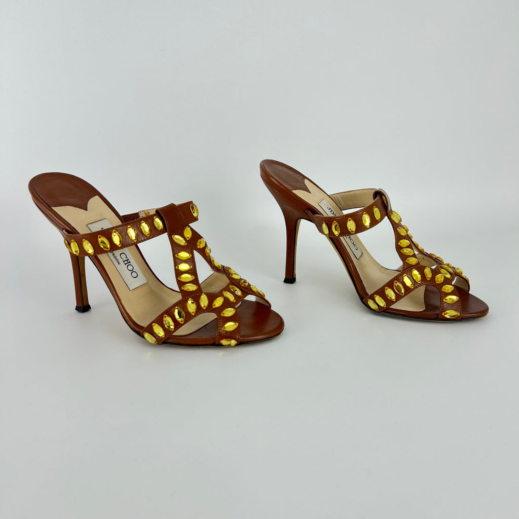 Jimmy Choo | Brown Leather Yellow Gem Crystal Strappy Slide Mules (34.5)