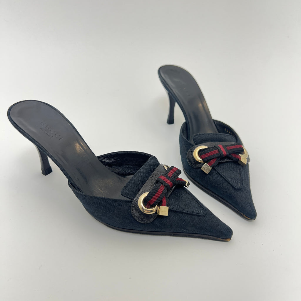 Gucci | Black Leather Canvas Pointed Toe Ribbon Gold Hardware Mules (35.5)