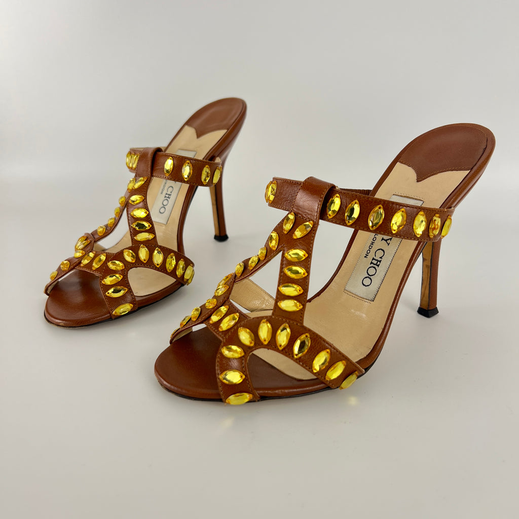 Jimmy Choo | Brown Leather Yellow Gem Crystal Strappy Slide Mules (34.5)