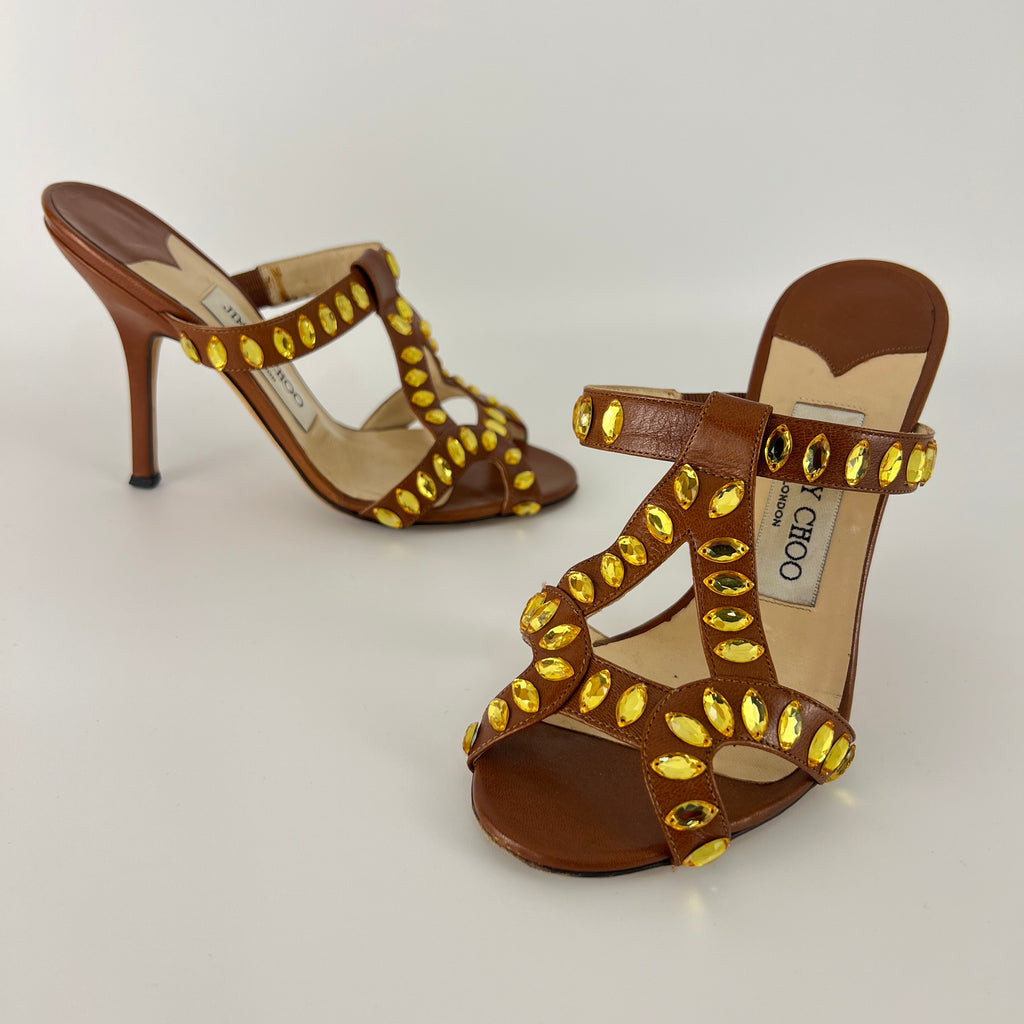 Jimmy Choo | Brown Leather Yellow Gem Crystal Strappy Slide Mules (34.5)